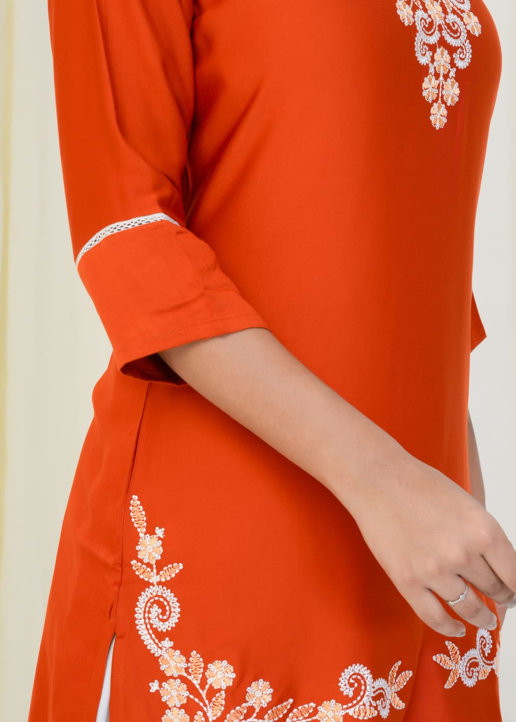 Women Premium Orange Embroidery Gazzi Silk Tunic Short Top
