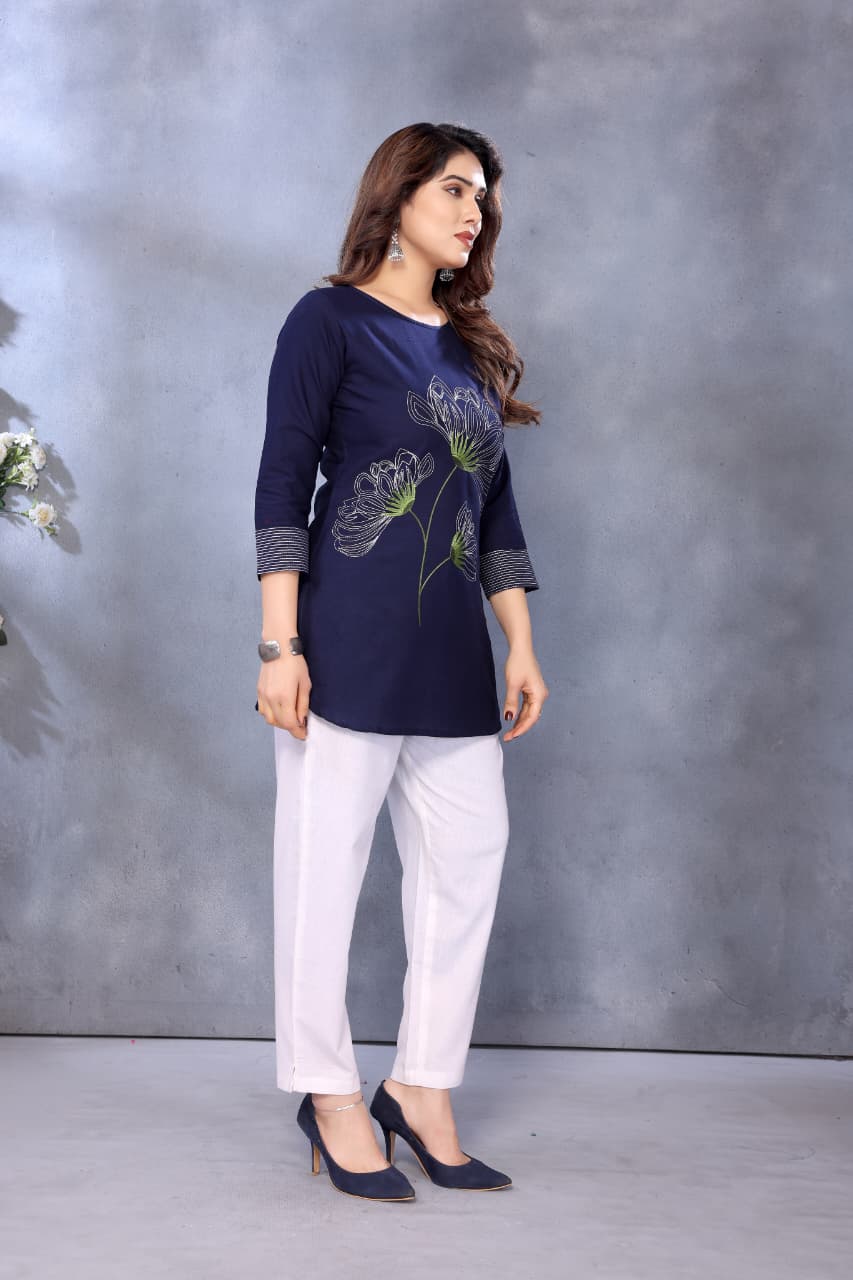 Women Cotton Linen Navy Blue Color Embroidered Short Top