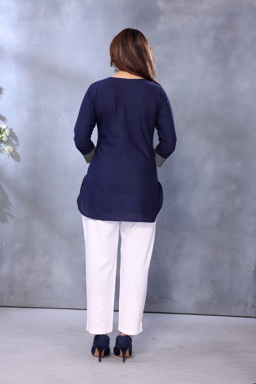 Women Cotton Linen Navy Blue Color Embroidered Short Top