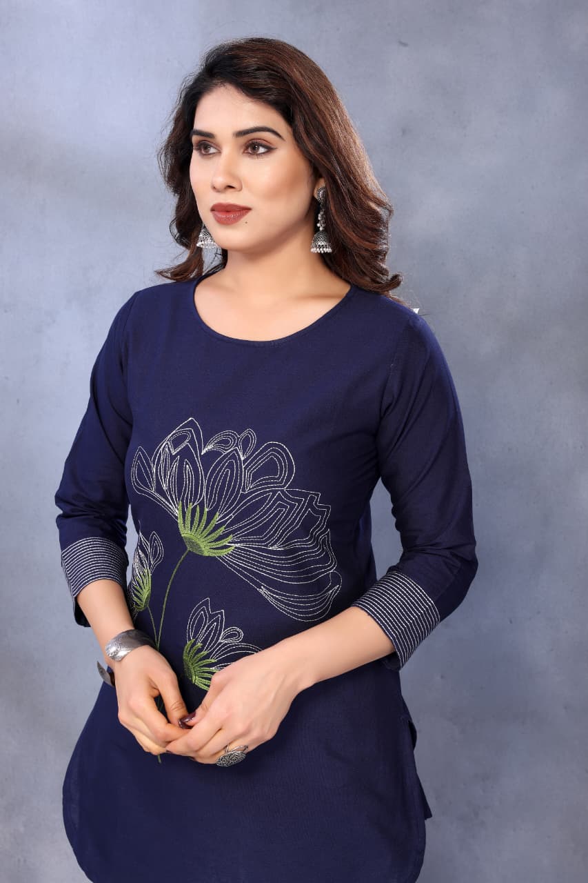 Women Cotton Linen Navy Blue Color Embroidered Short Top