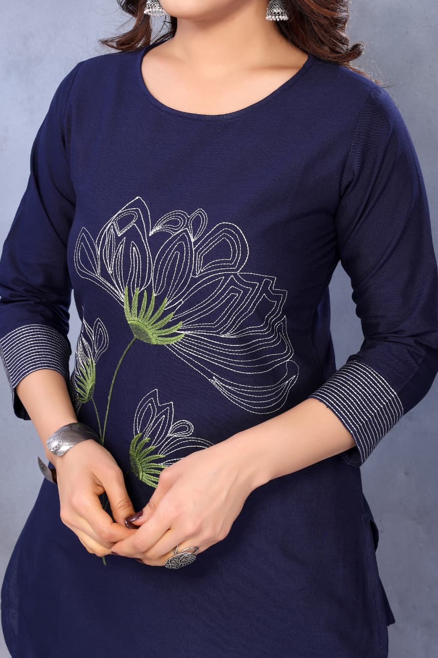 Women Cotton Linen Navy Blue Color Embroidered Short Top