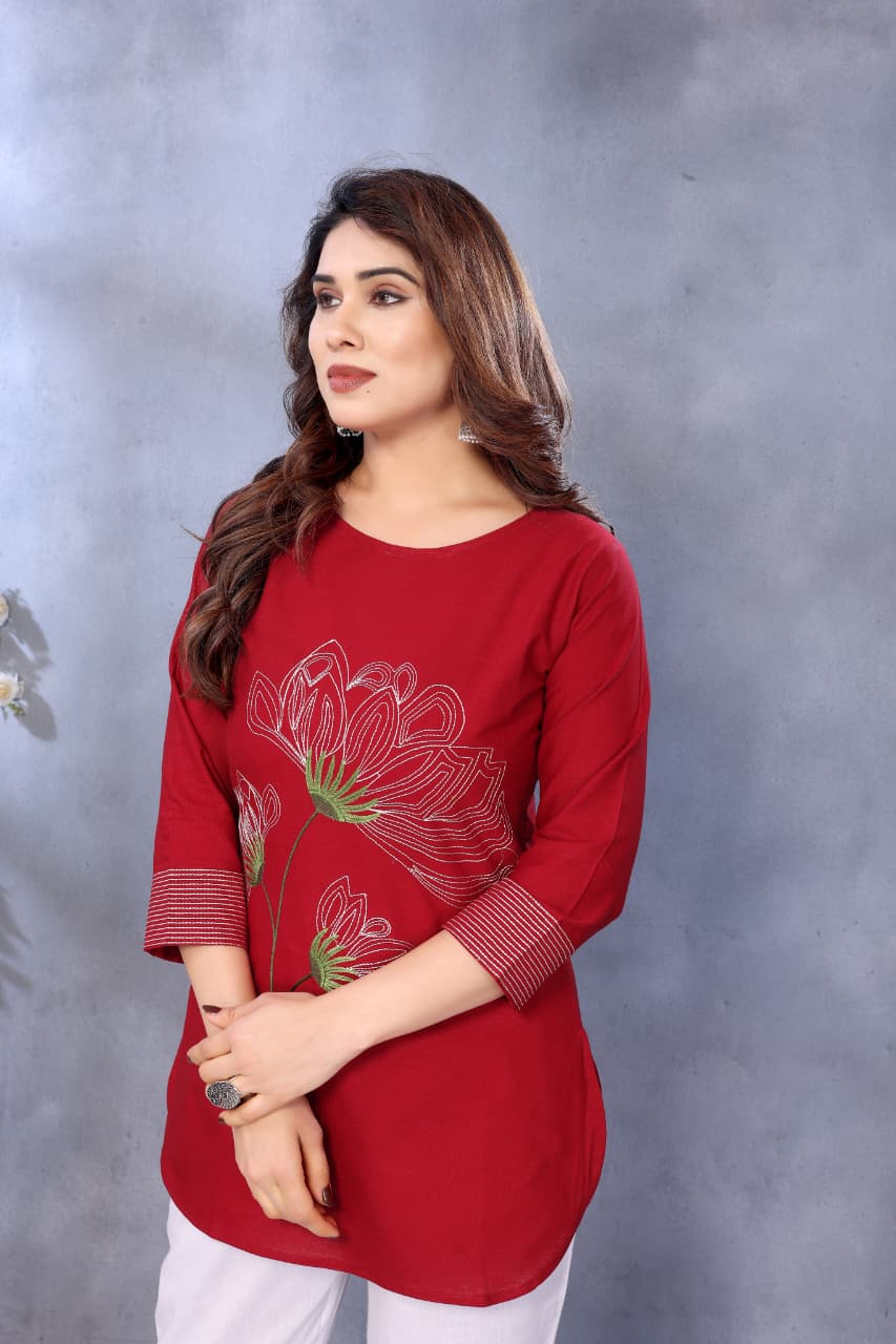 Women Cotton Linen Maroon Color Embroidered Short Top