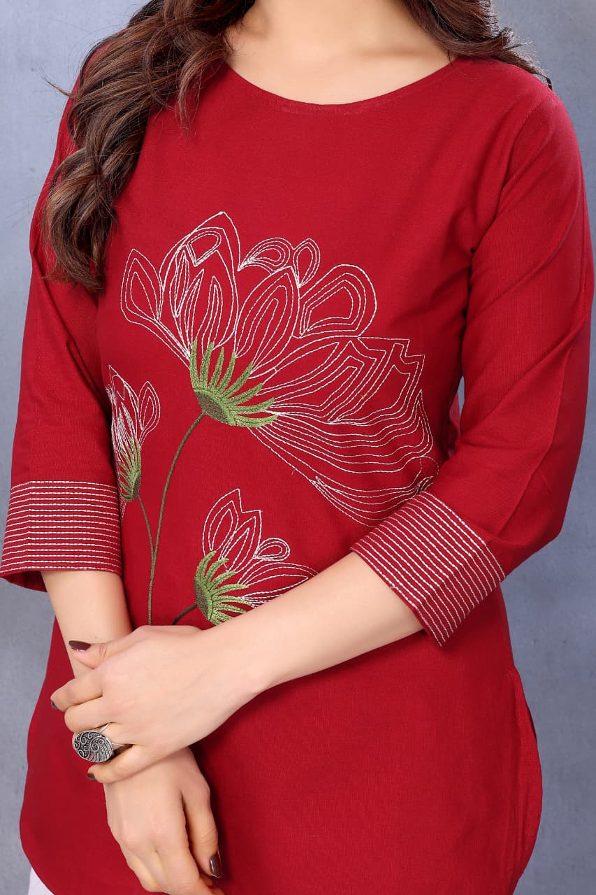 Women Cotton Linen Maroon Color Embroidered Short Top
