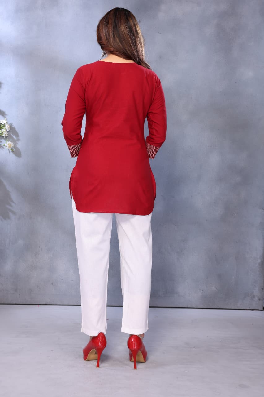 Women Cotton Linen Maroon Color Embroidered Short Top