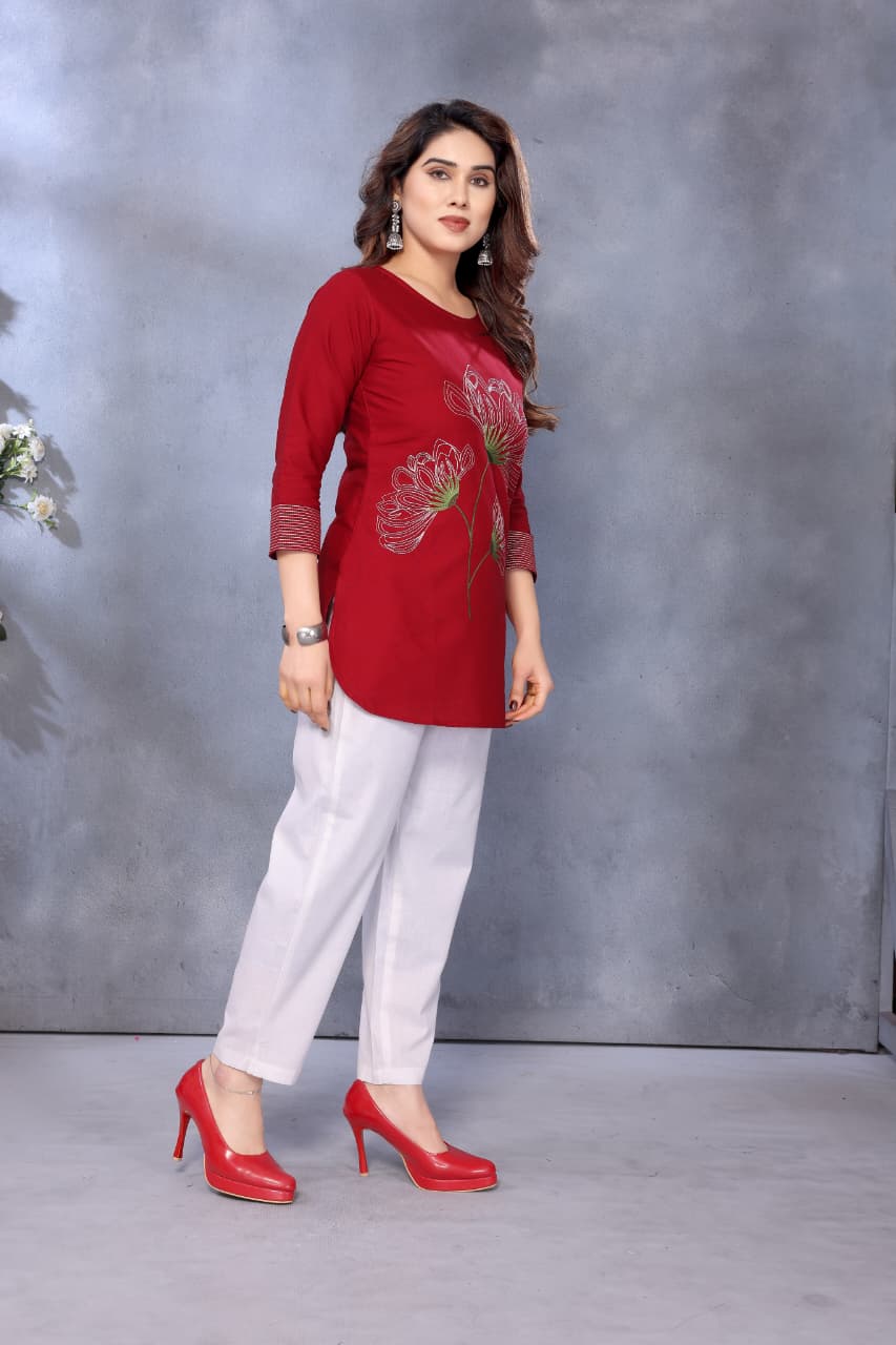 Women Cotton Linen Maroon Color Embroidered Short Top