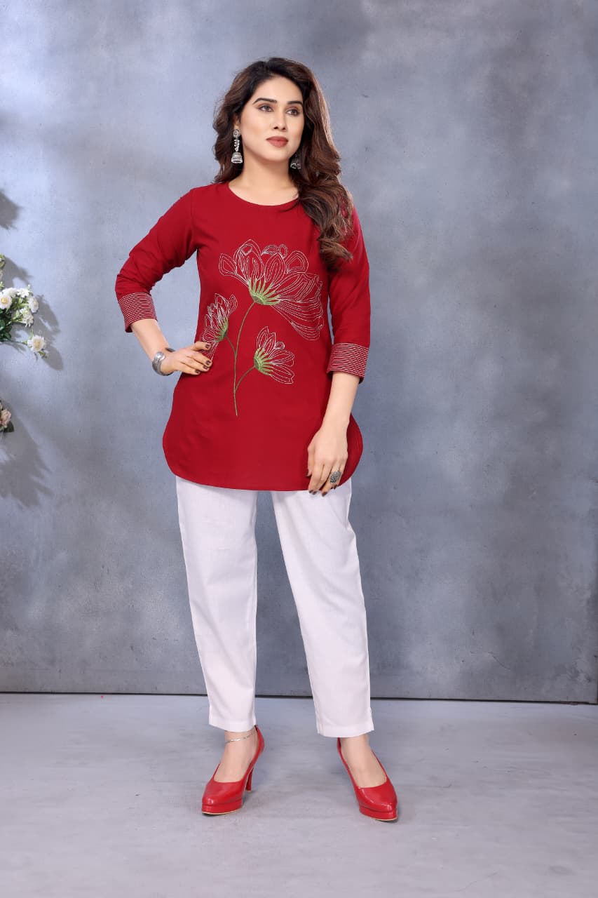 Women Cotton Linen Maroon Color Embroidered Short Top