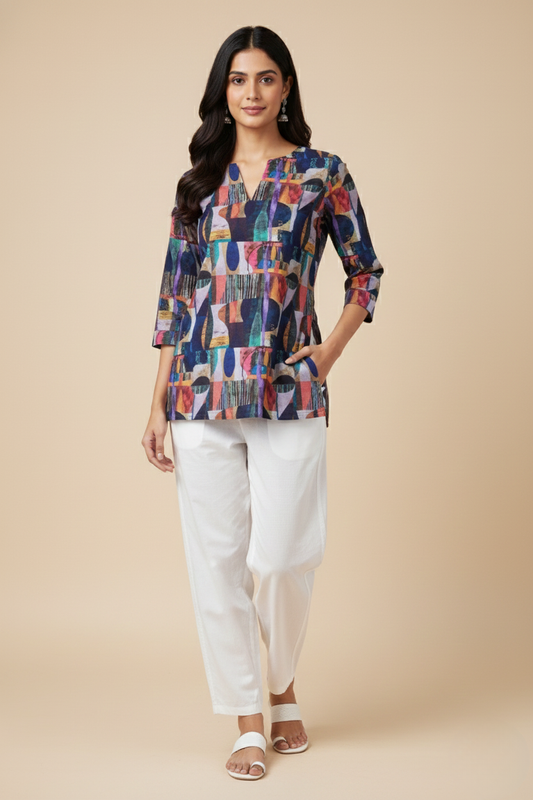 Women Premium Geometrical Abstract PC Cotton Linen Printed Tunic