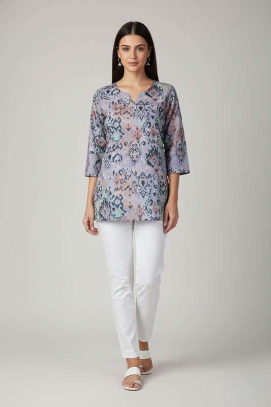 Women Premium Ikat Abstract PC Cotton Linen Printed Tunic