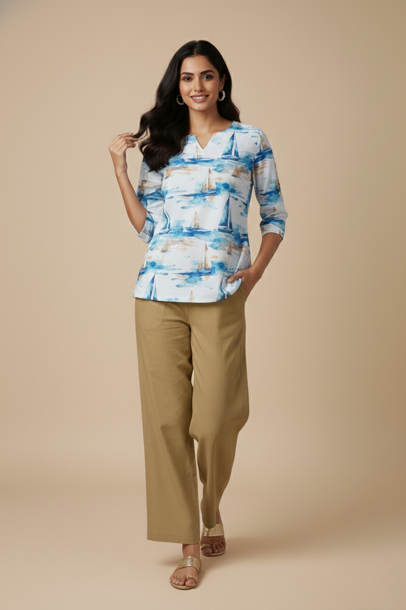 Women Premium Fancy Ship PC Cotton Linen Printed Tunic