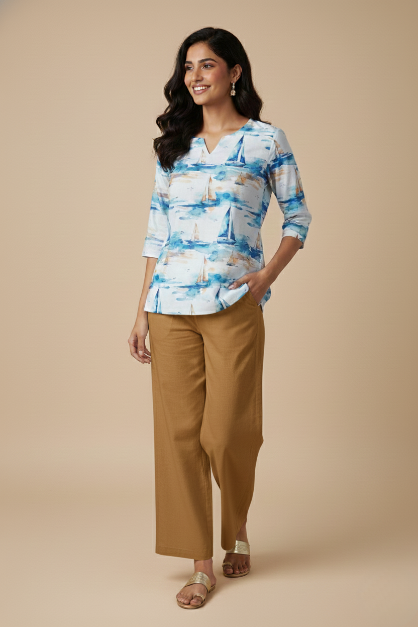 Women Premium Fancy Ship PC Cotton Linen Printed Tunic