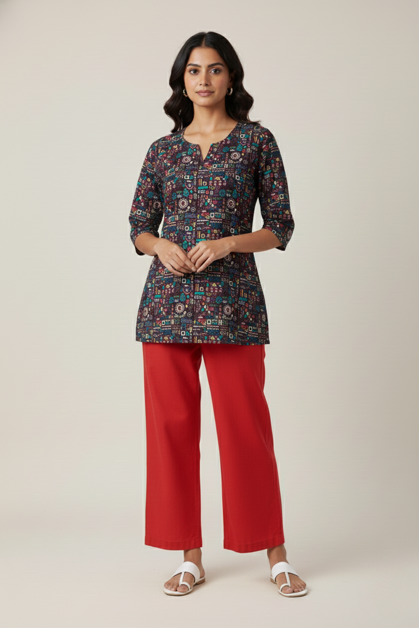 Women Premium Tribal Motifs PC Cotton Linen Printed Tunic