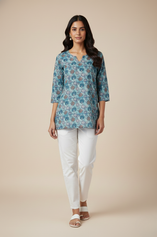 Women Premium Small Floral PC Cotton Linen Printed Tunic