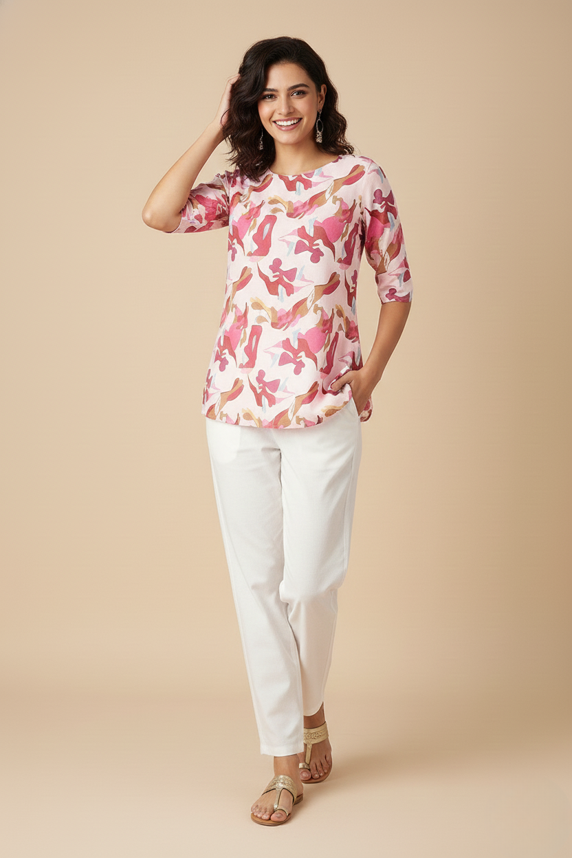 Women Premium Artistic Abstract PC Cotton Linen Printed Tunic