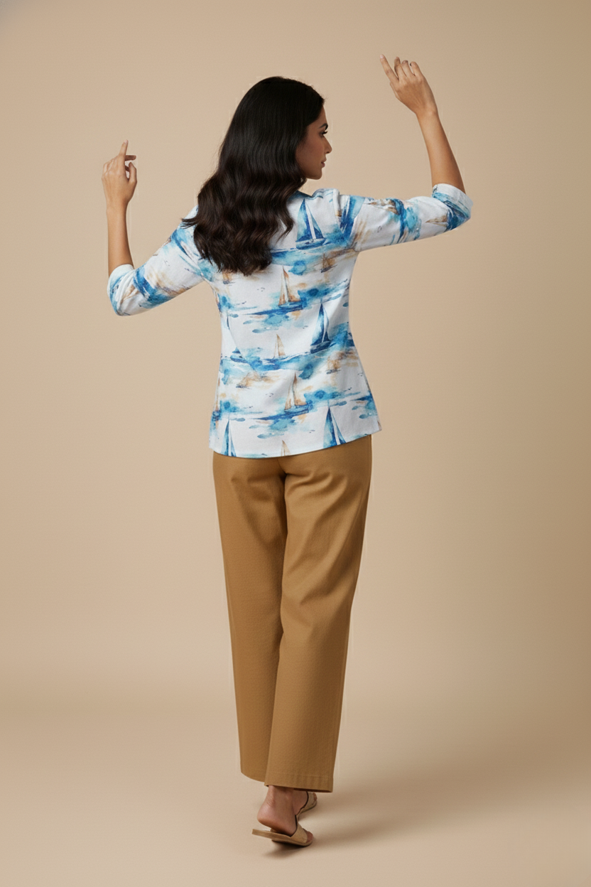 Women Premium Fancy Ship PC Cotton Linen Printed Tunic