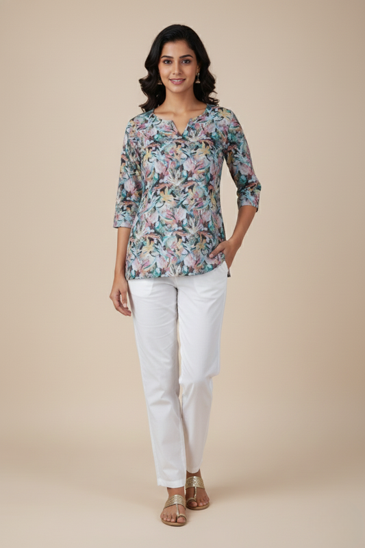Women Premium Tropical Floral PC Cotton Linen Printed Tunic