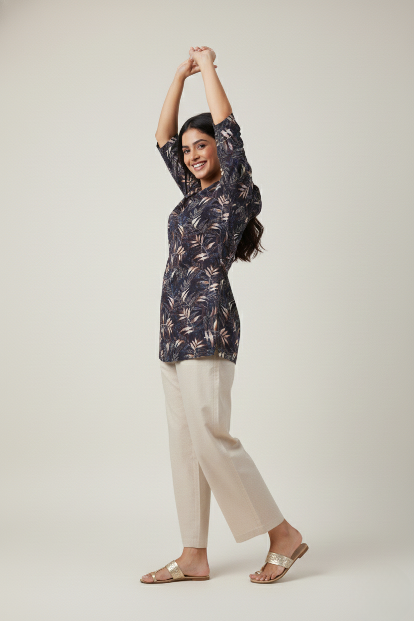 Women Premium Leaves PC Cotton Linen Printed Tunic