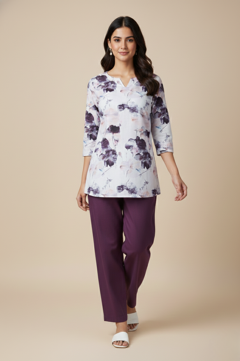 Women Premium Big Water Floral PC Cotton Linen Printed Tunic