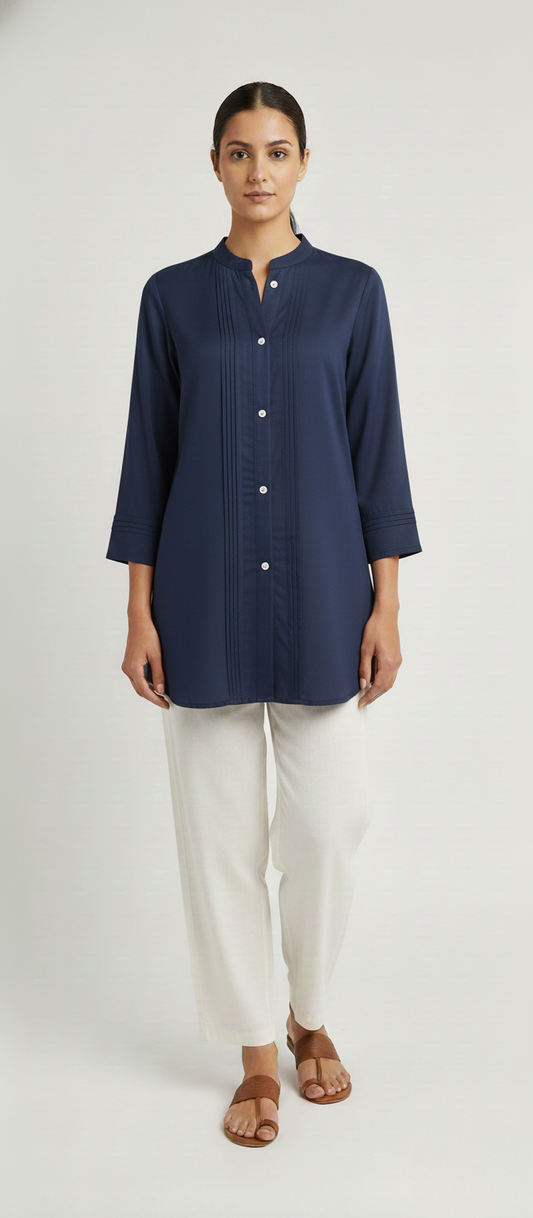 Women Premium Navy Blue Gazzi Silk Tunic Short Top