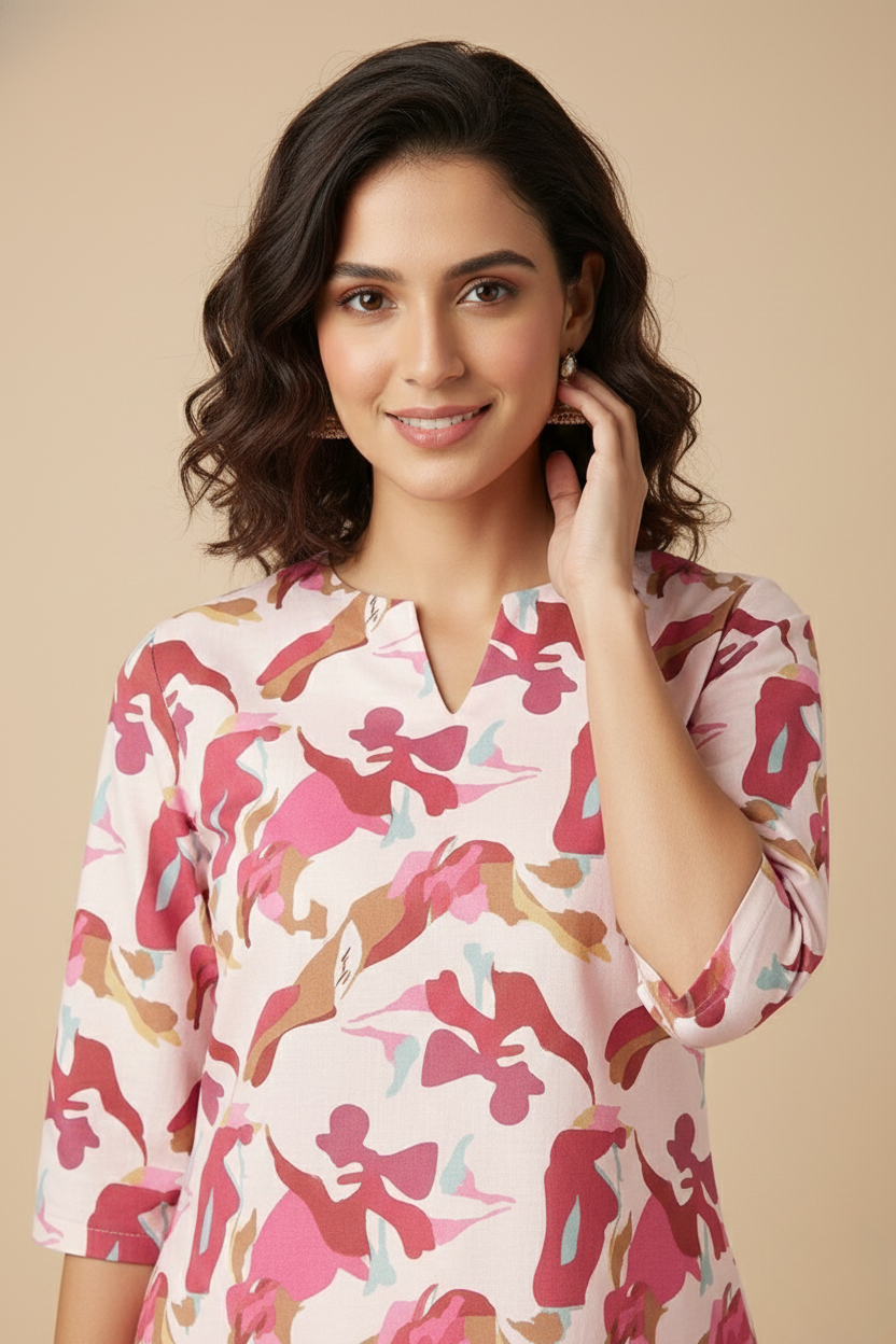 Women Premium Artistic Abstract PC Cotton Linen Printed Tunic