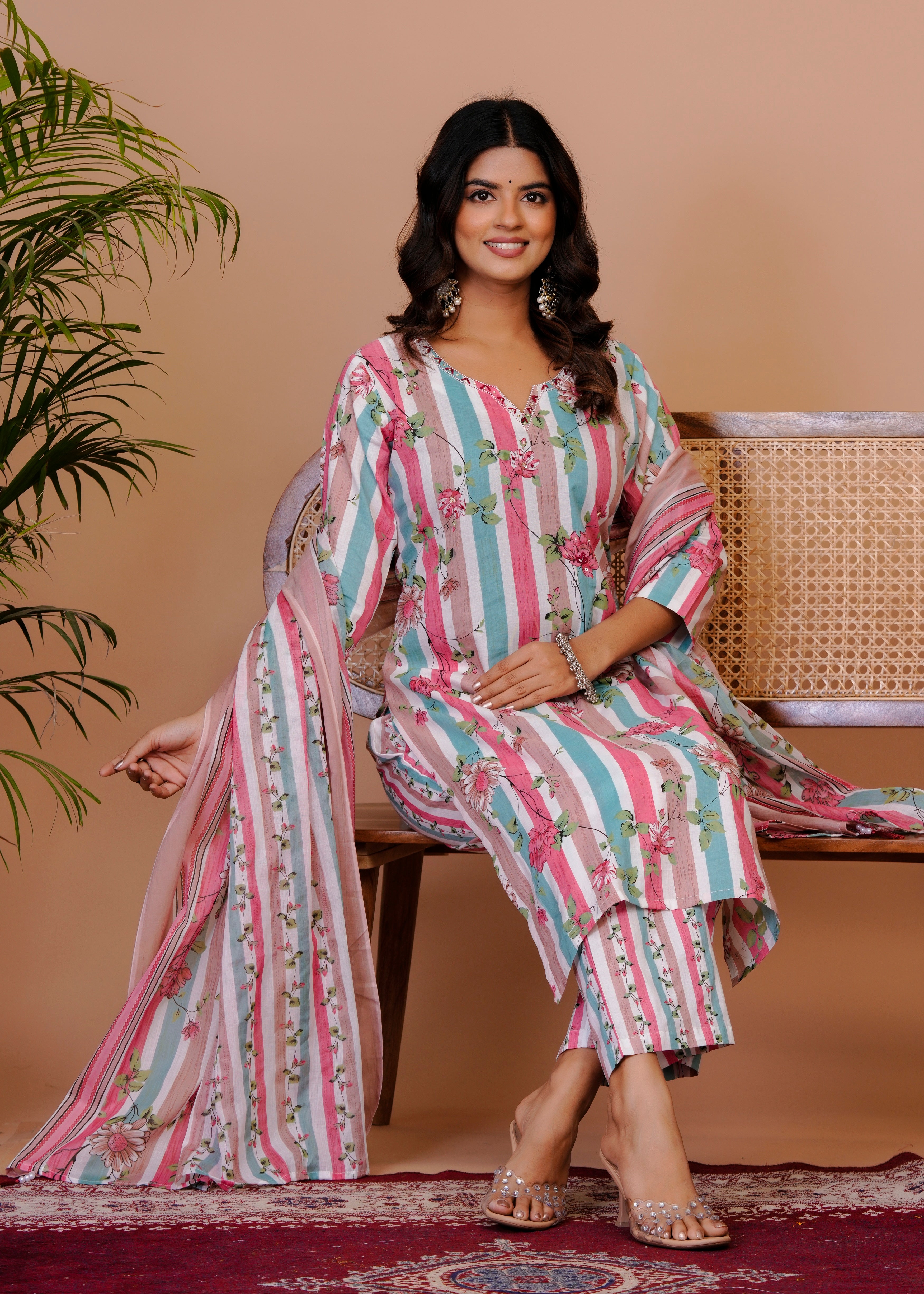 Women Premium  Cottan Handwork Kurti Pant with Dupatta Set