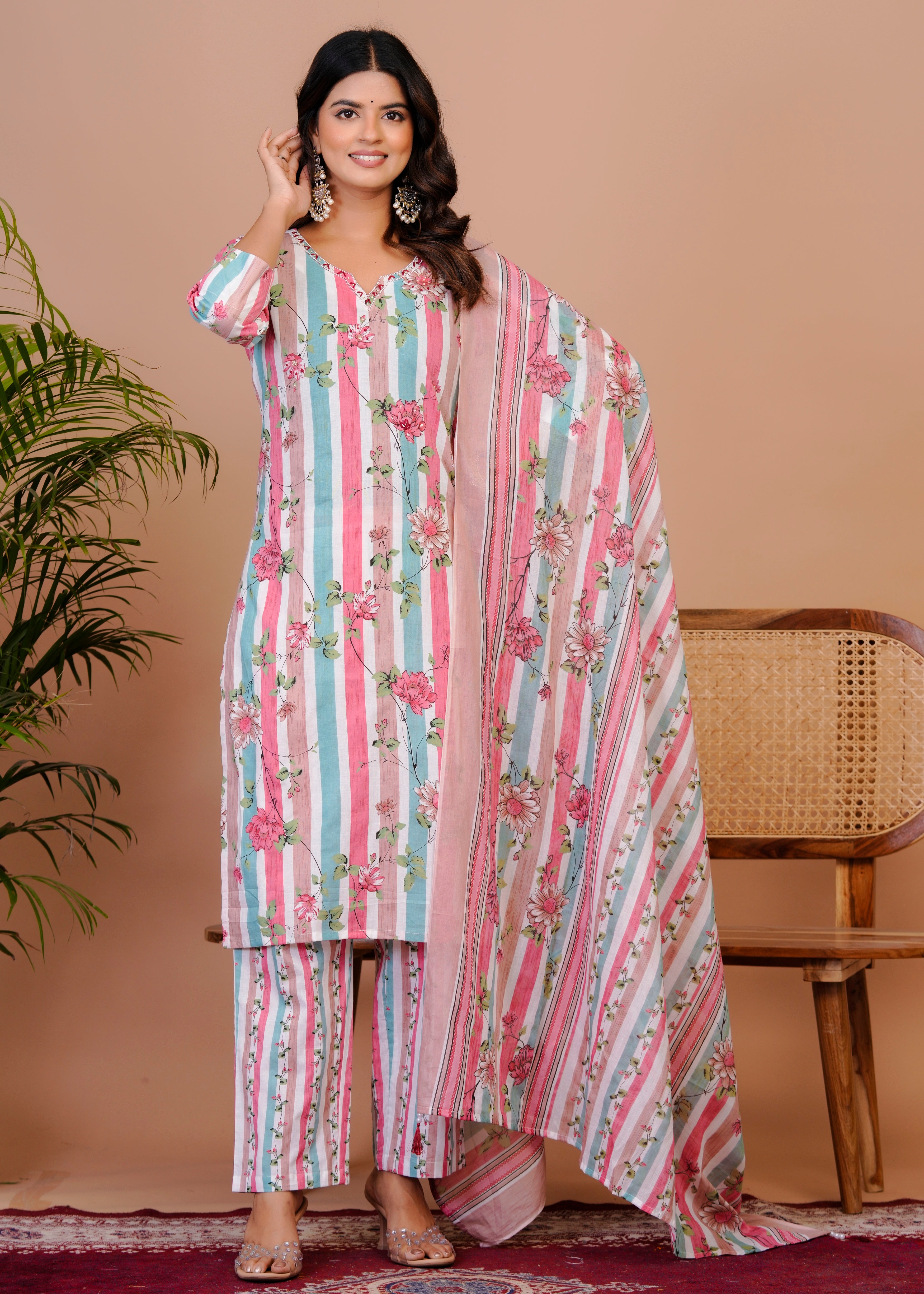 Women Premium  Cottan Handwork Kurti Pant with Dupatta Set