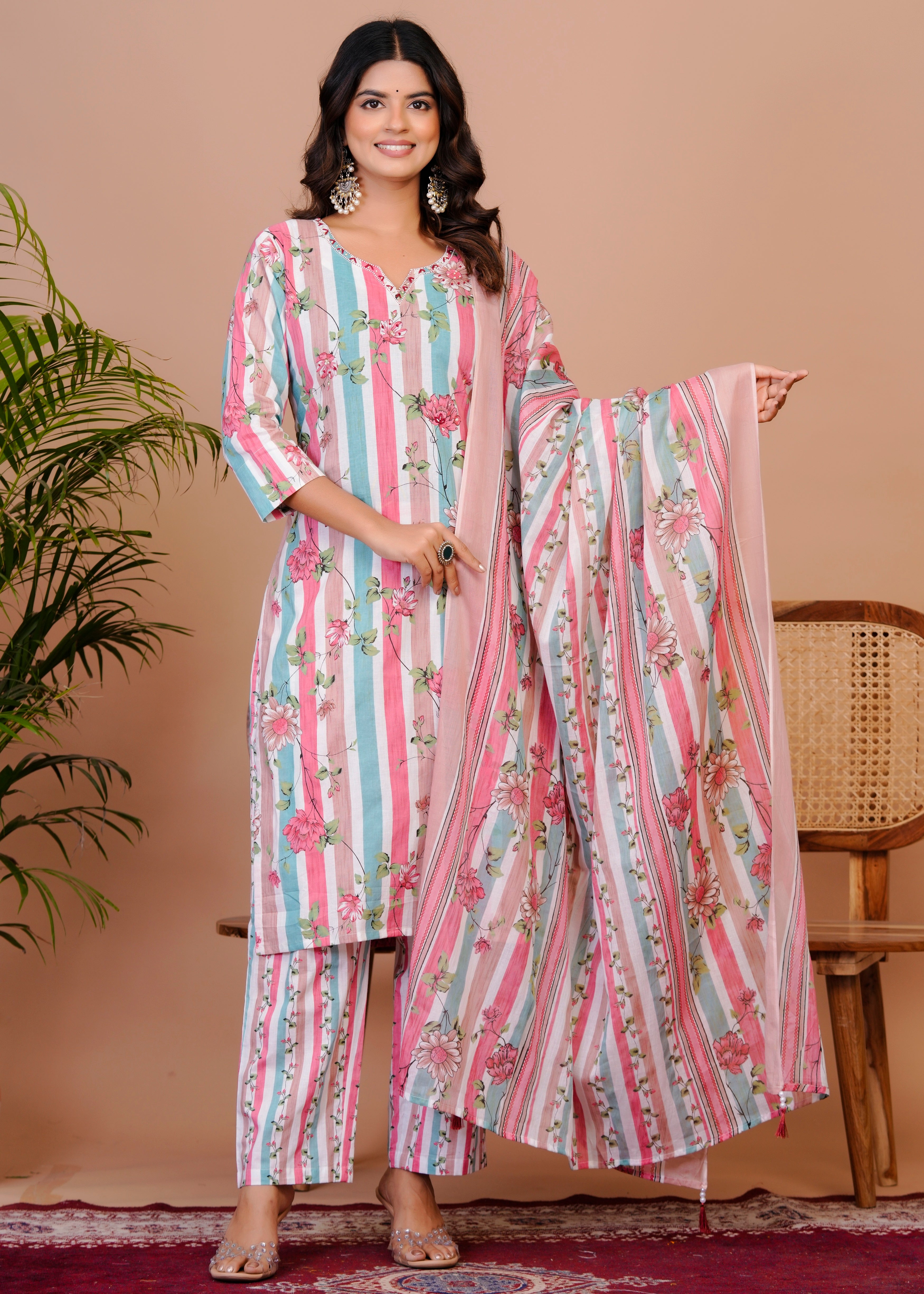 Women Premium  Cottan Handwork Kurti Pant with Dupatta Set