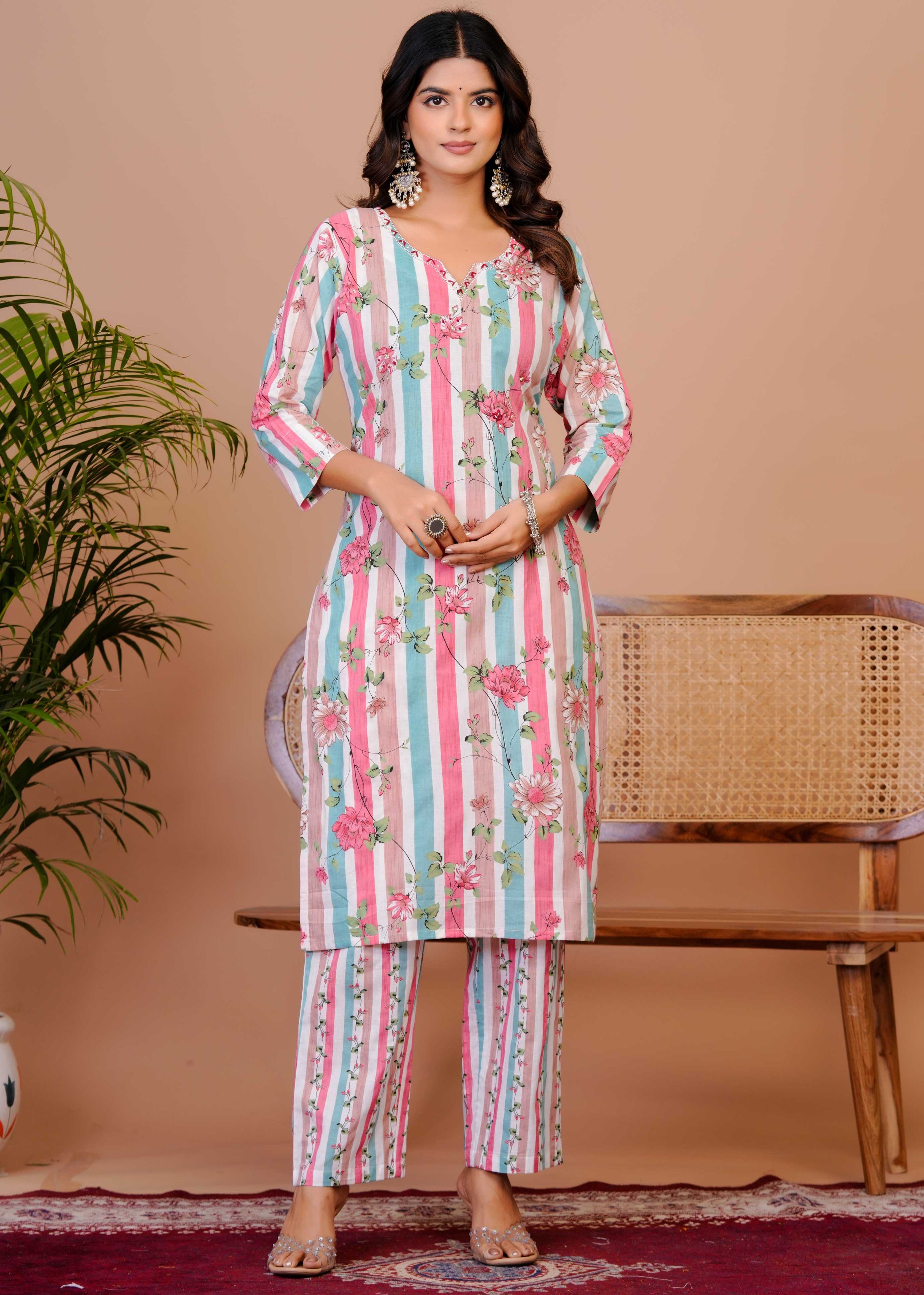 Women Premium  Cottan Handwork Kurti Pant with Dupatta Set