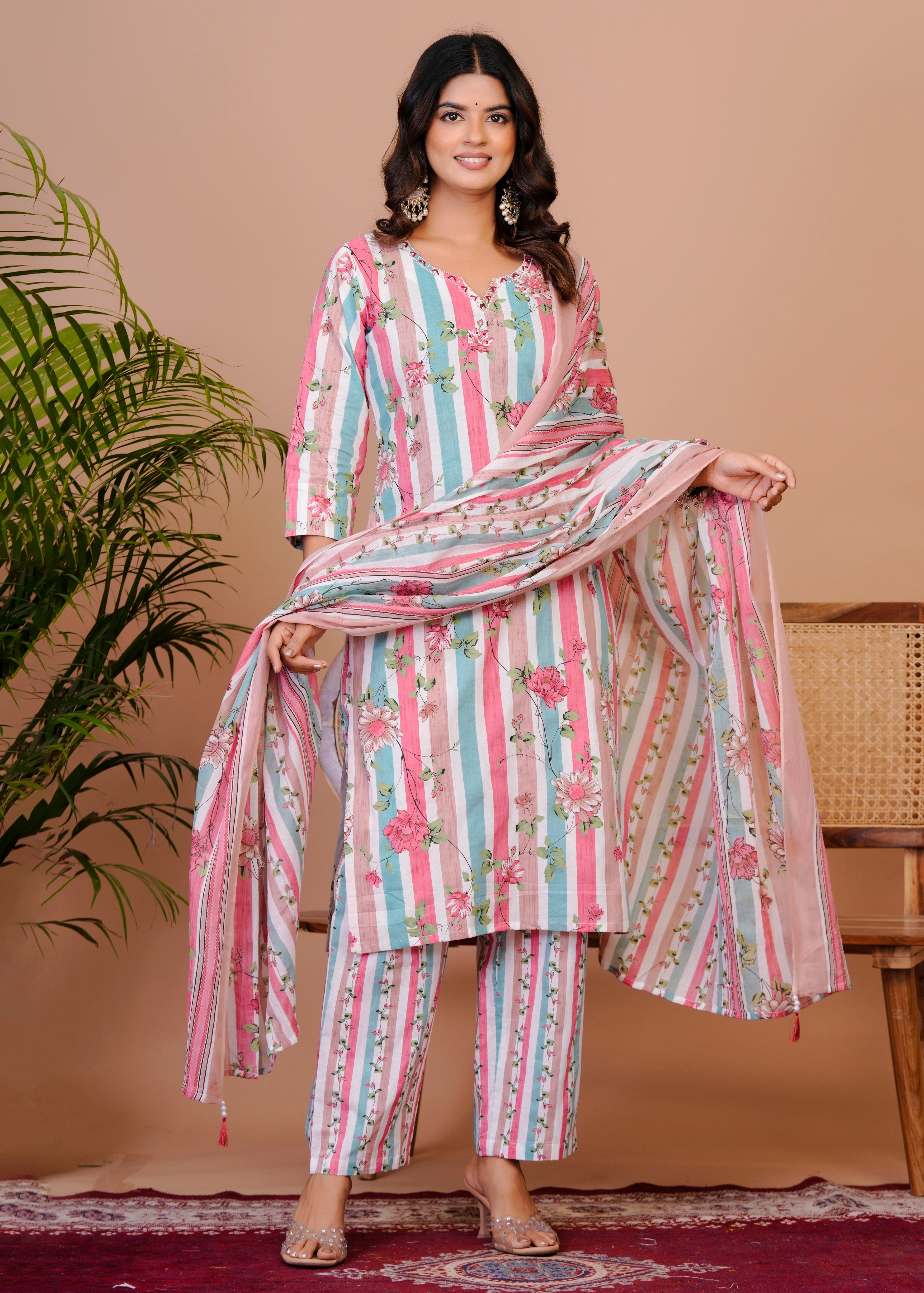 Women Premium  Cottan Handwork Kurti Pant with Dupatta Set