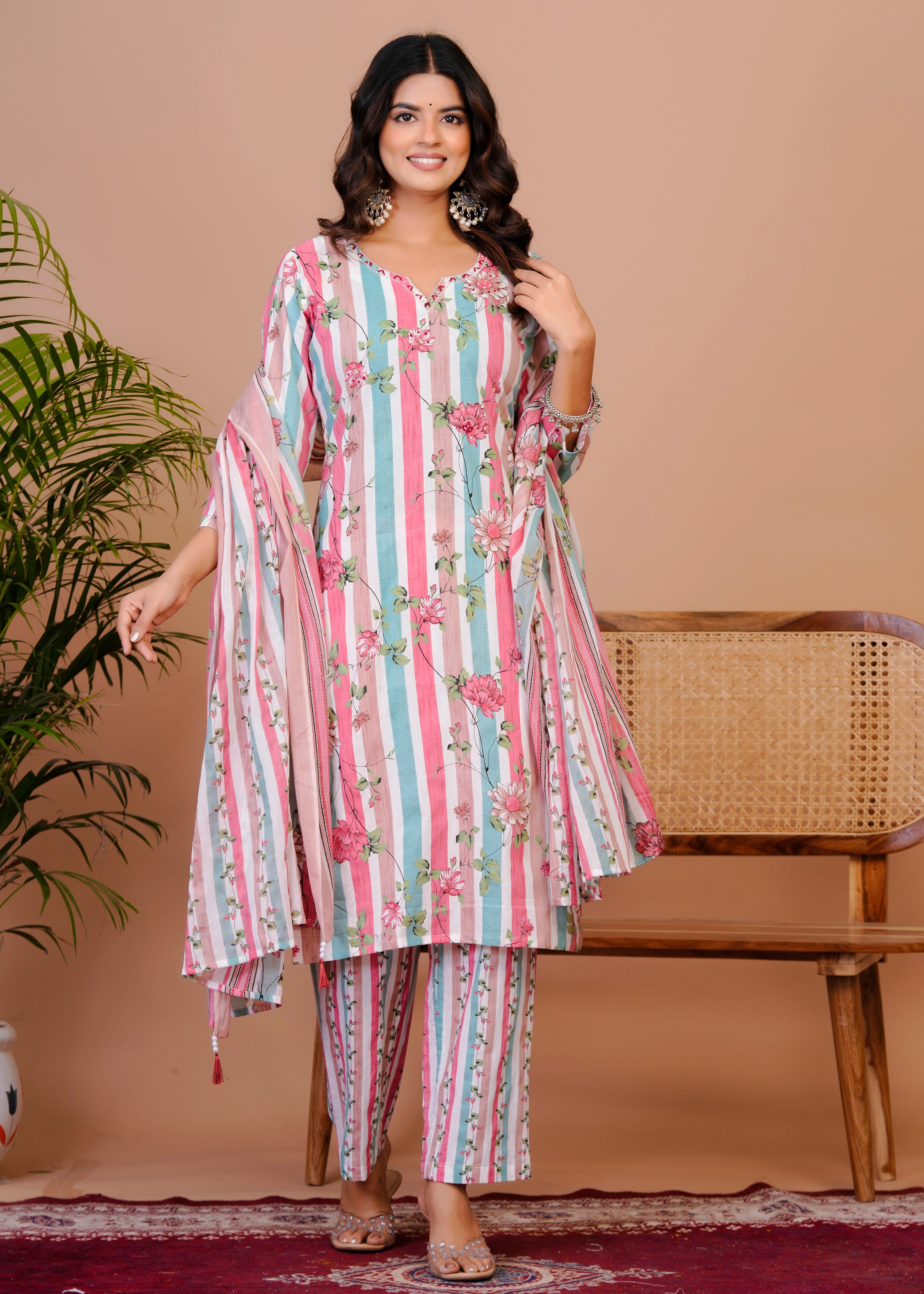 Women Premium  Cottan Handwork Kurti Pant with Dupatta Set