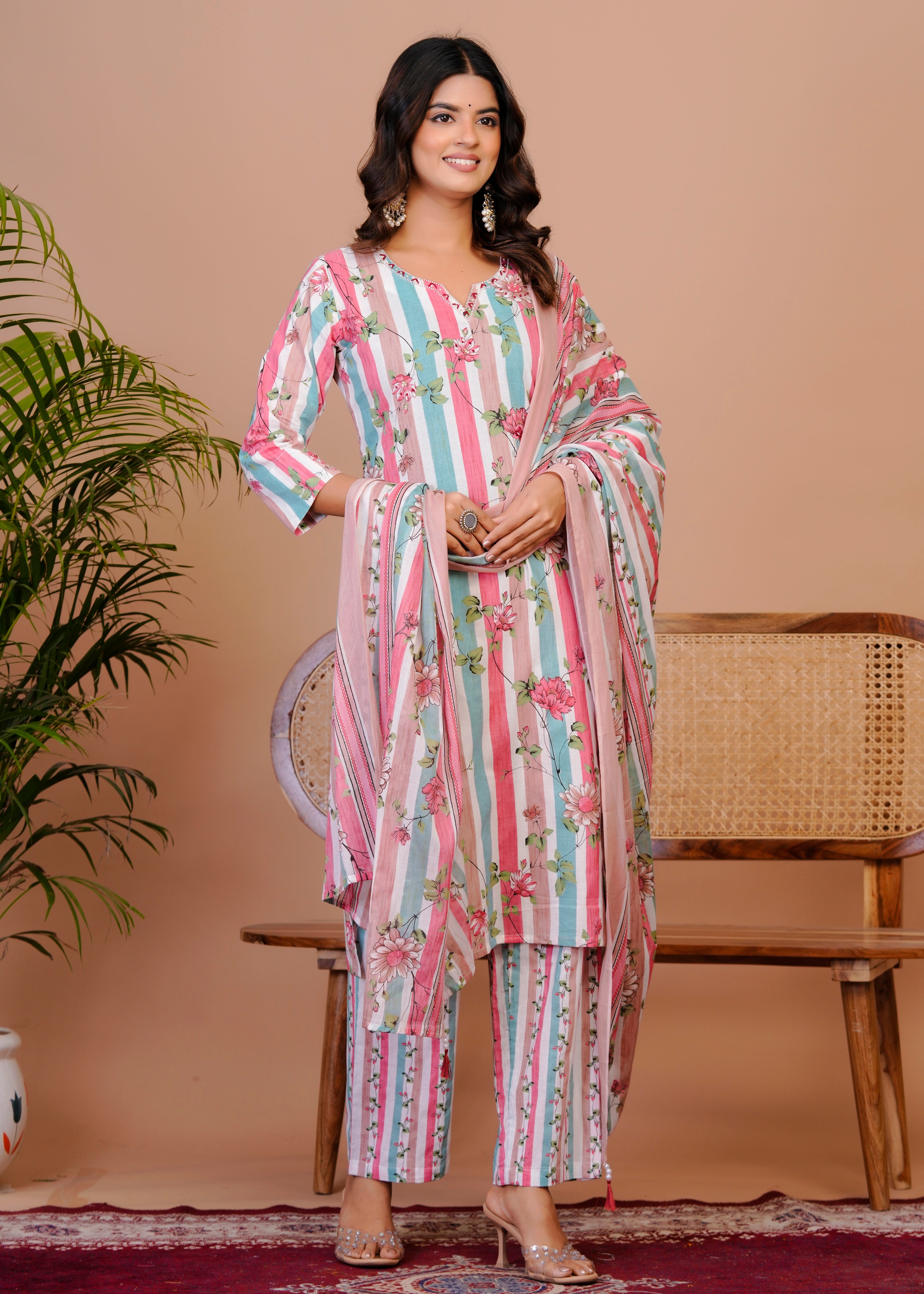 Women Premium  Cottan Handwork Kurti Pant with Dupatta Set