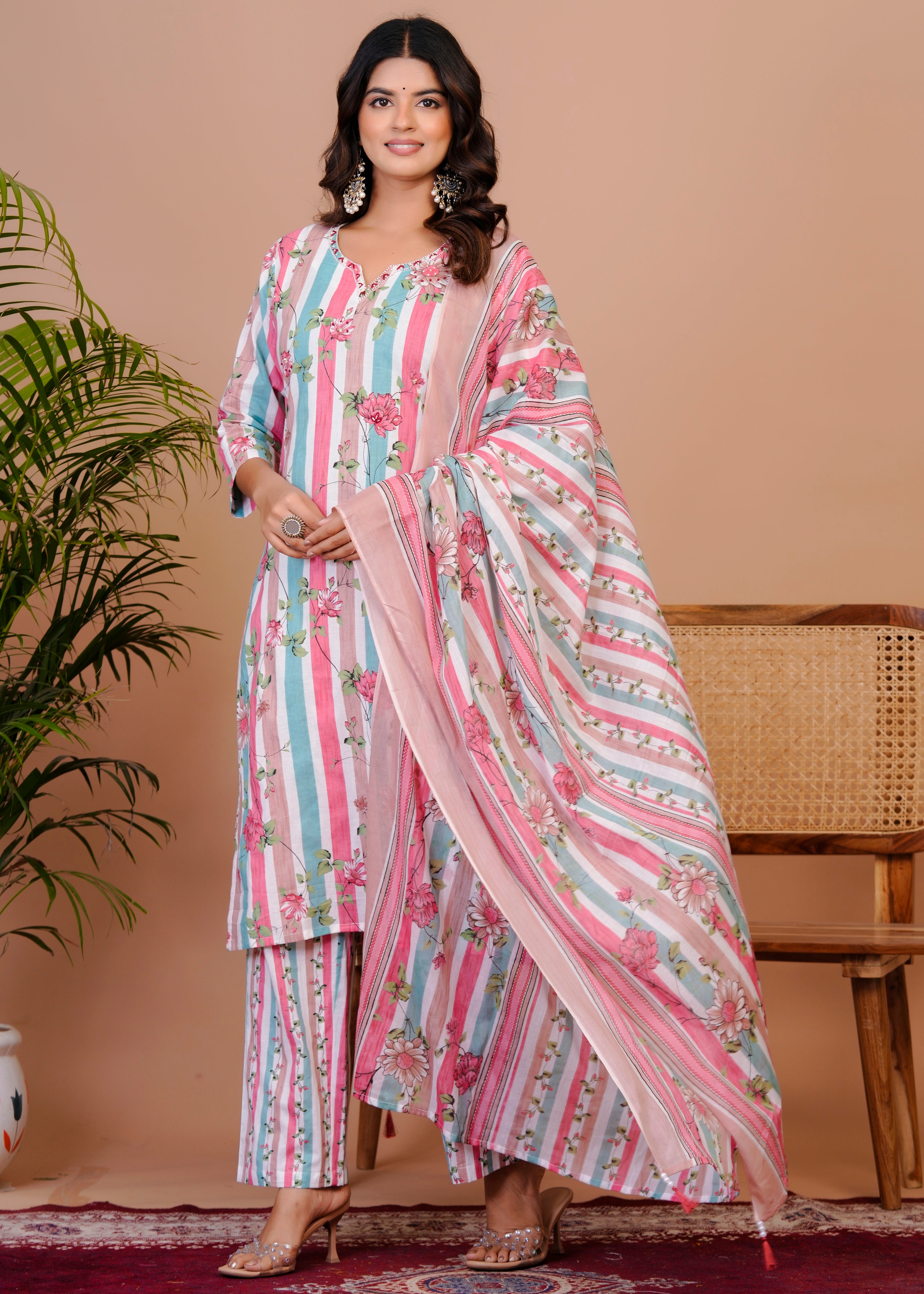 Women Premium  Cottan Handwork Kurti Pant with Dupatta Set
