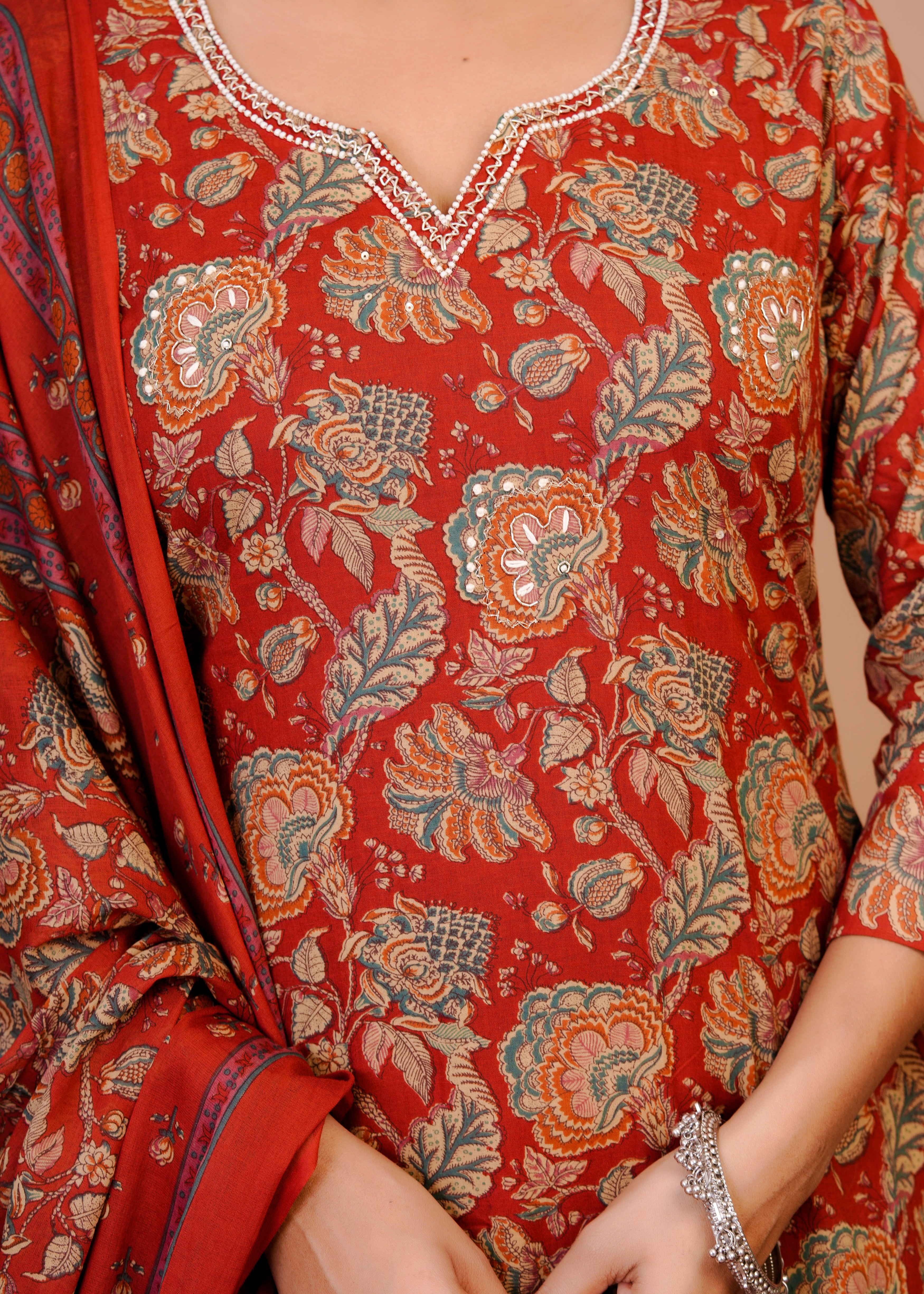 Women Premium  Cottan Handwork Kurti Pant with Dupatta Set