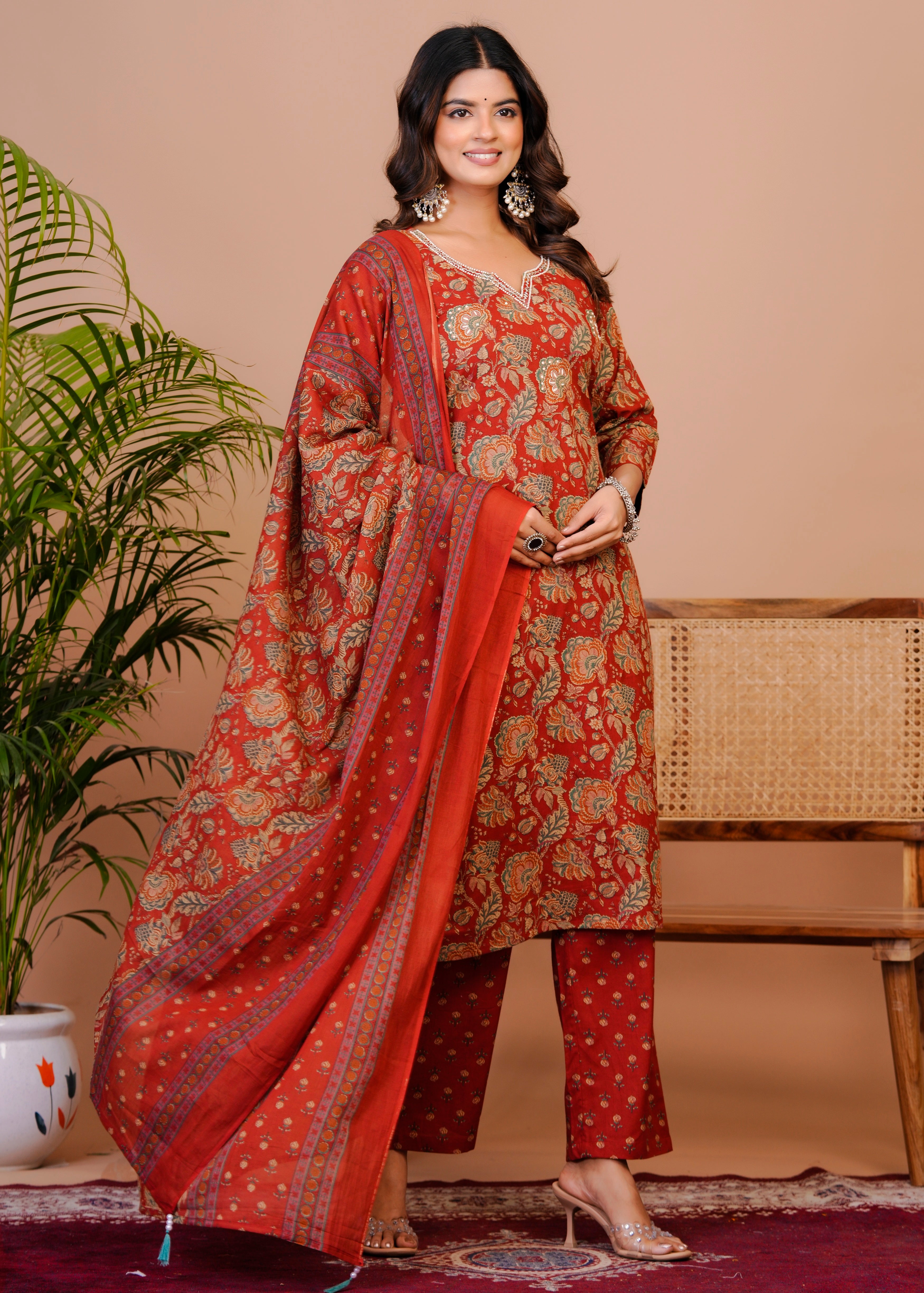 Women Premium  Cottan Handwork Kurti Pant with Dupatta Set