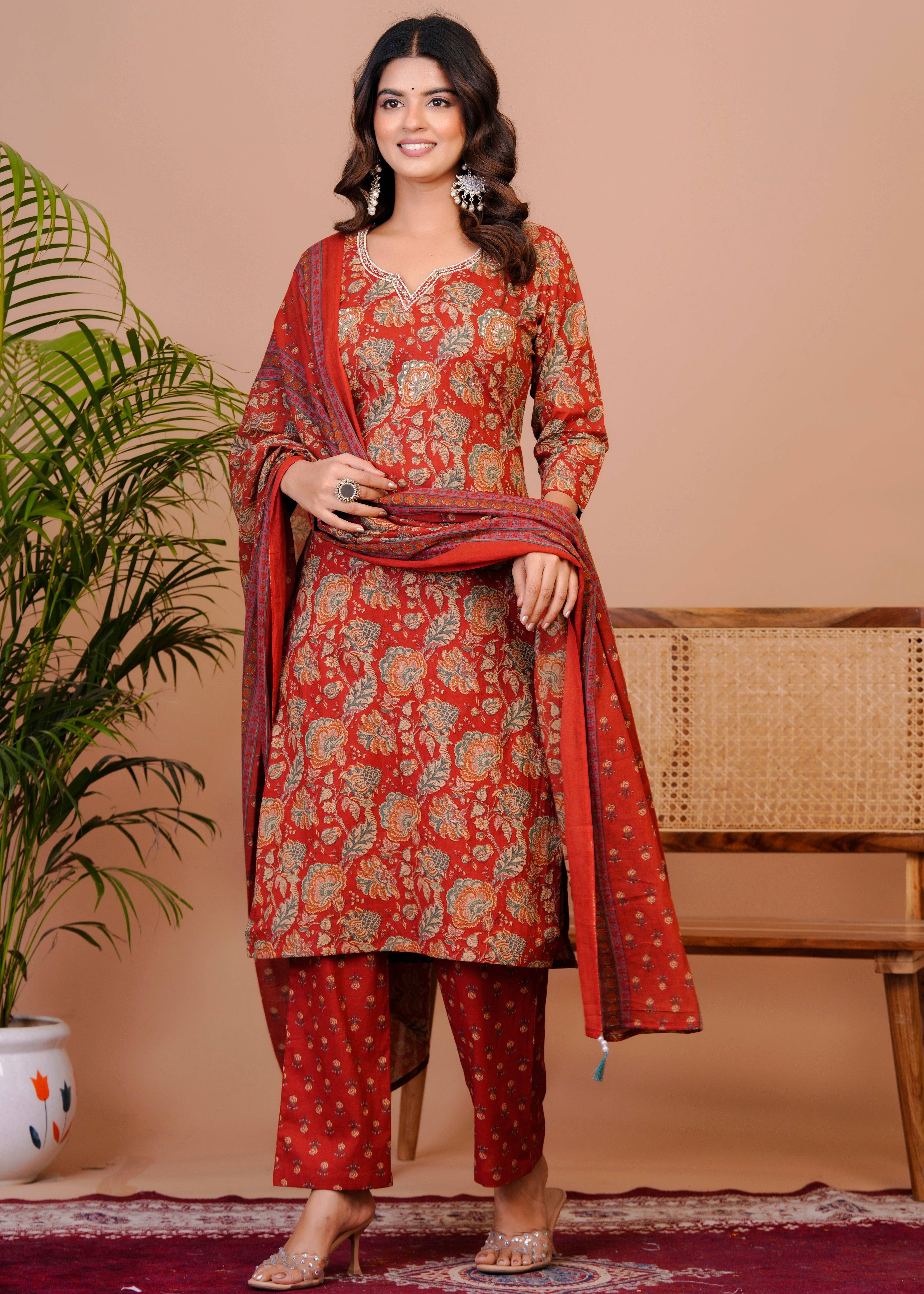 Women Premium  Cottan Handwork Kurti Pant with Dupatta Set