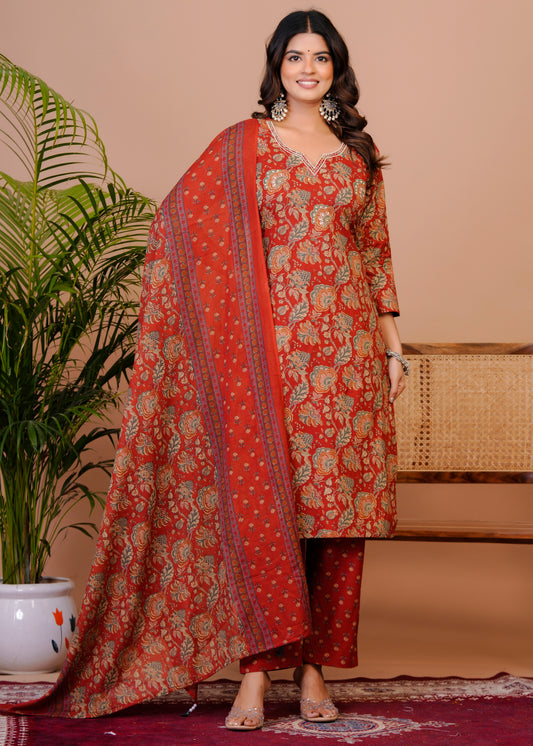 Women Premium  Cottan Handwork Kurti Pant with Dupatta Set