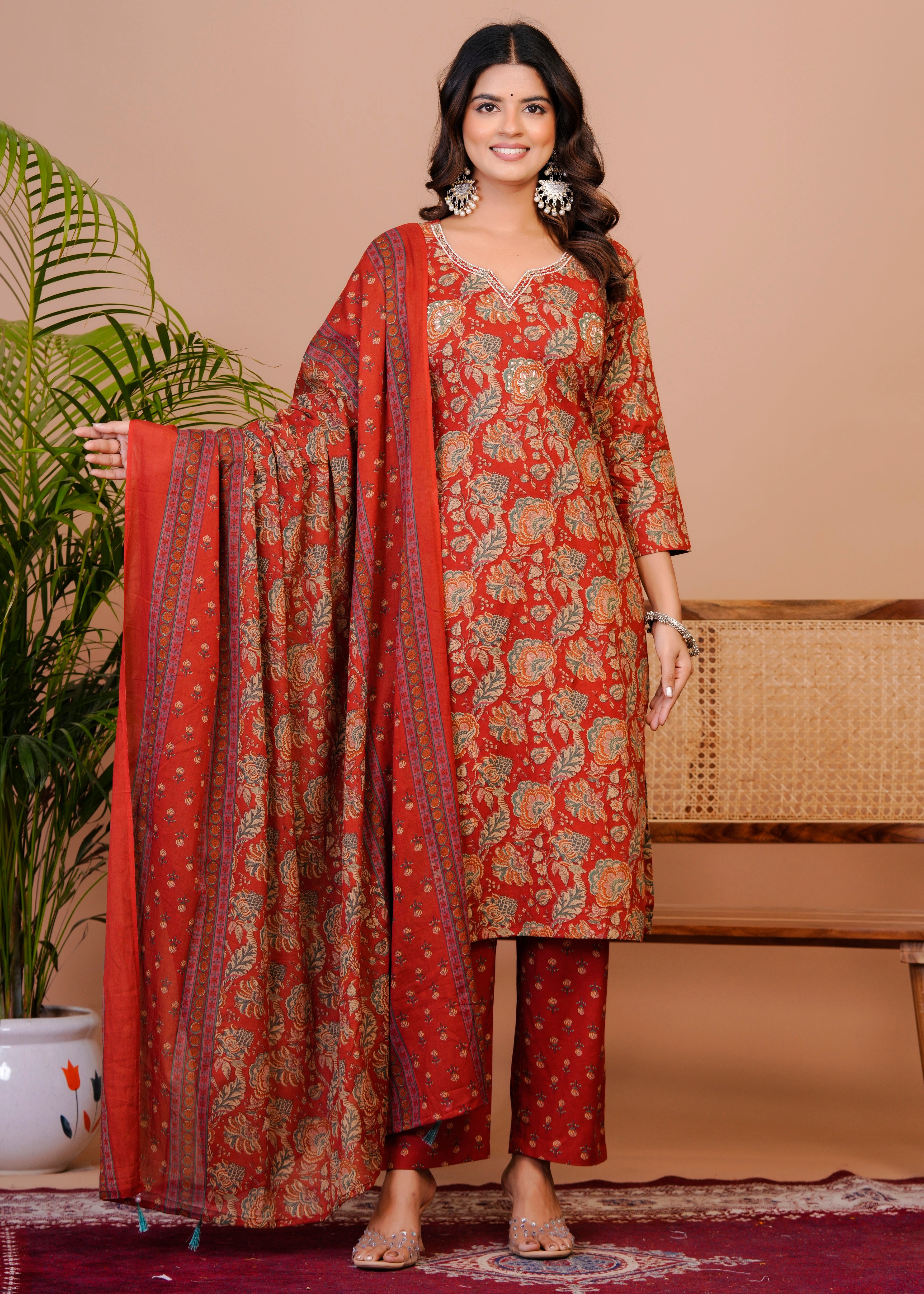 Women Premium  Cottan Handwork Kurti Pant with Dupatta Set