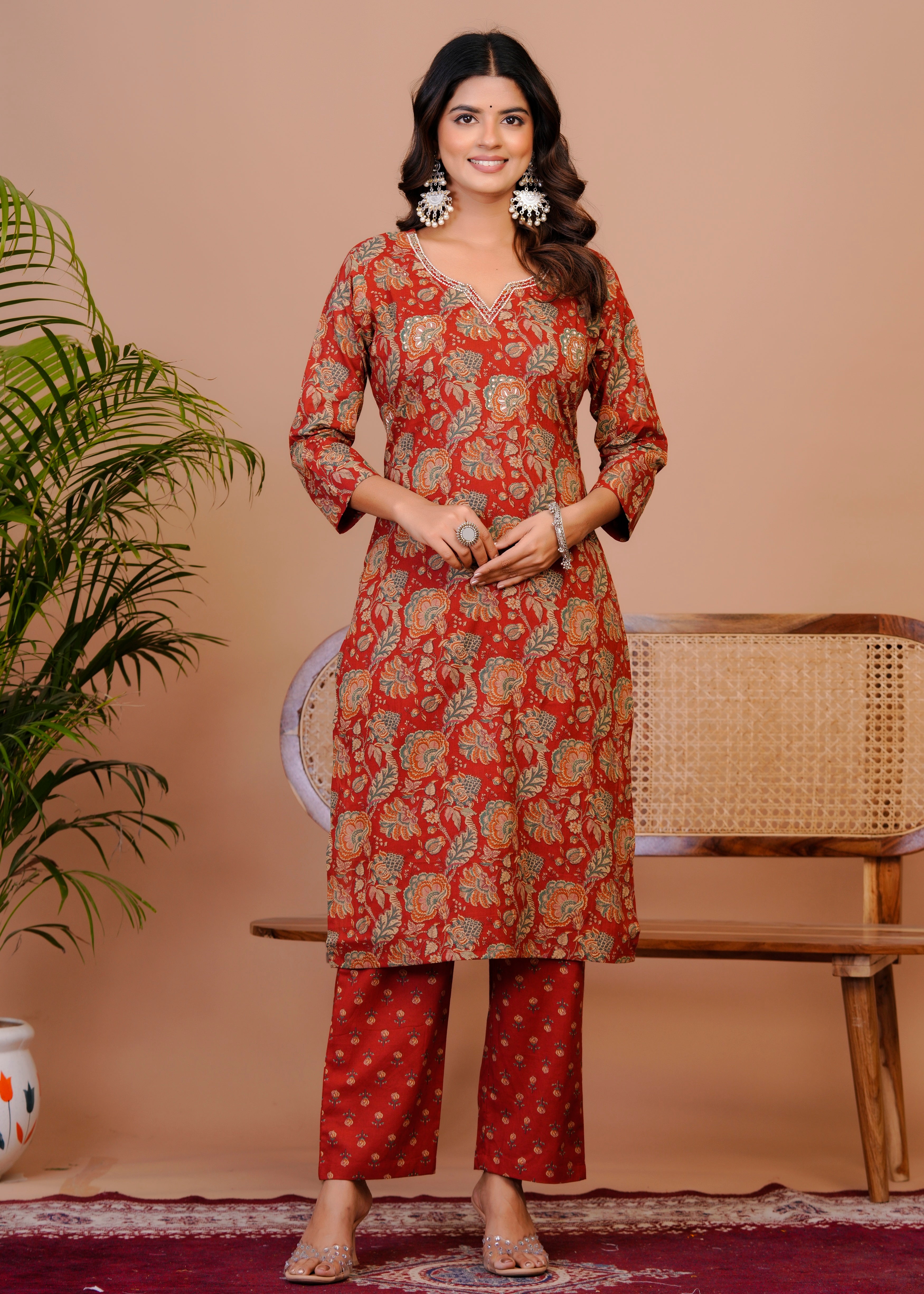 Women Premium  Cottan Handwork Kurti Pant with Dupatta Set