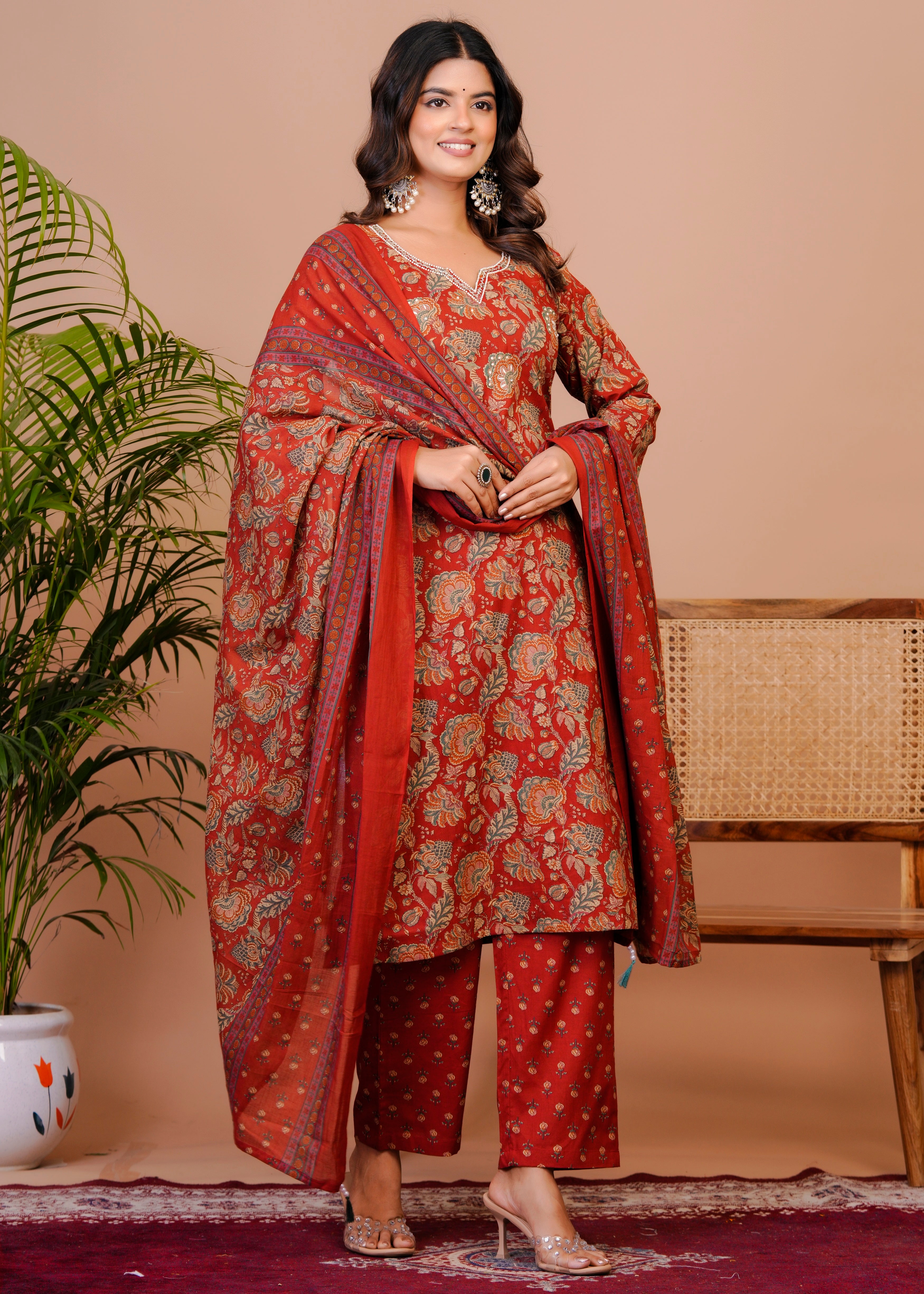 Women Premium  Cottan Handwork Kurti Pant with Dupatta Set