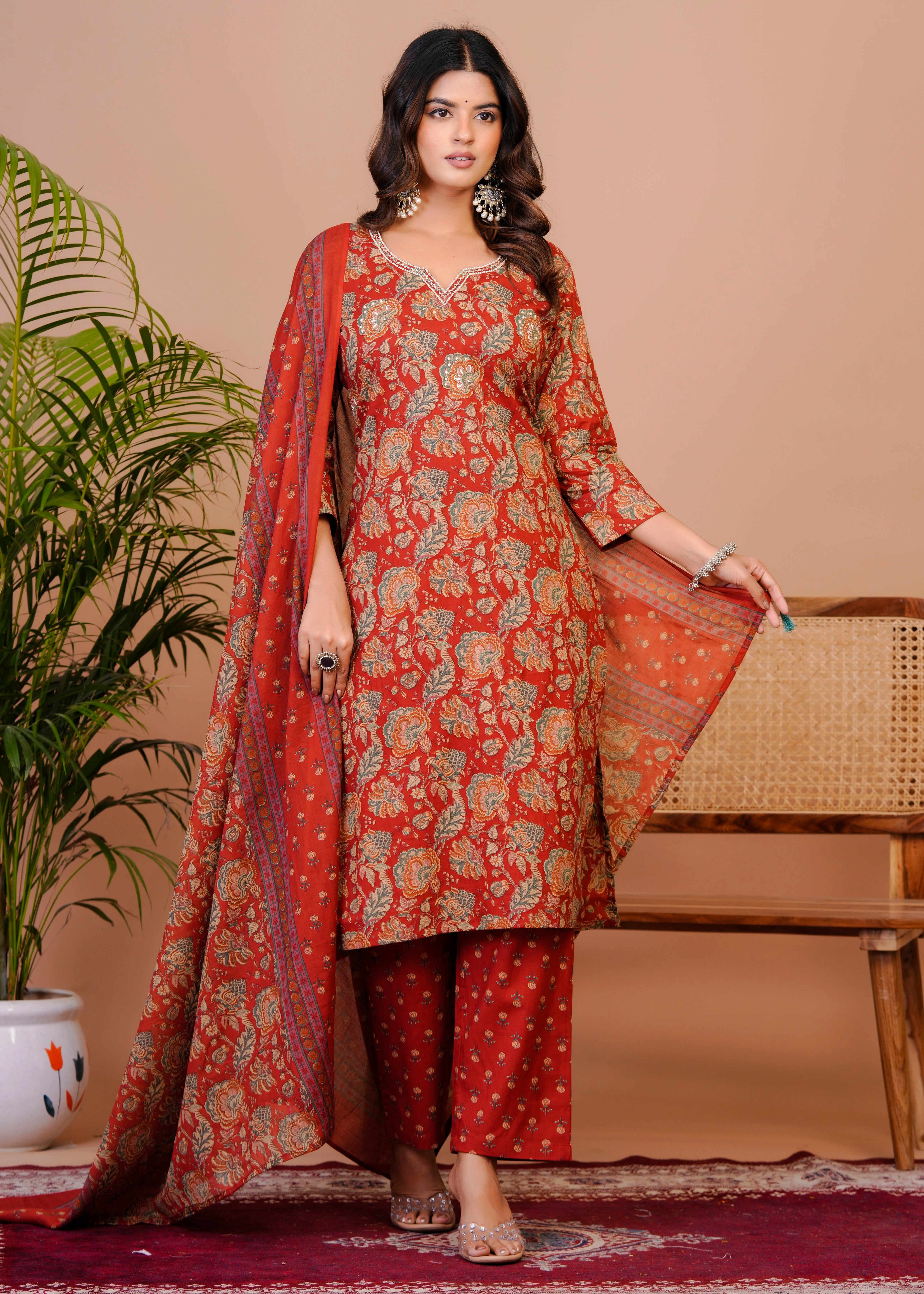 Women Premium  Cottan Handwork Kurti Pant with Dupatta Set