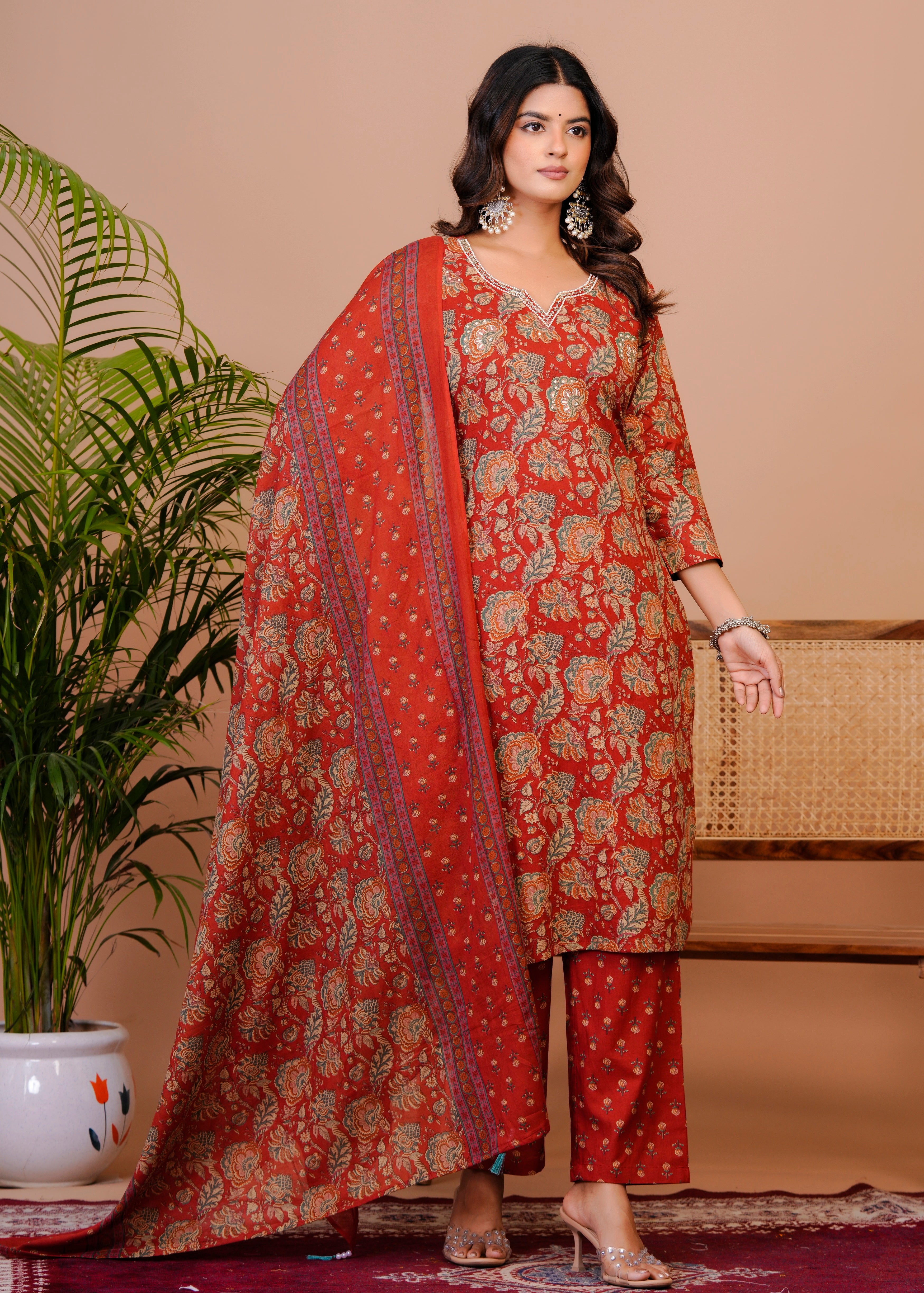 Women Premium  Cottan Handwork Kurti Pant with Dupatta Set