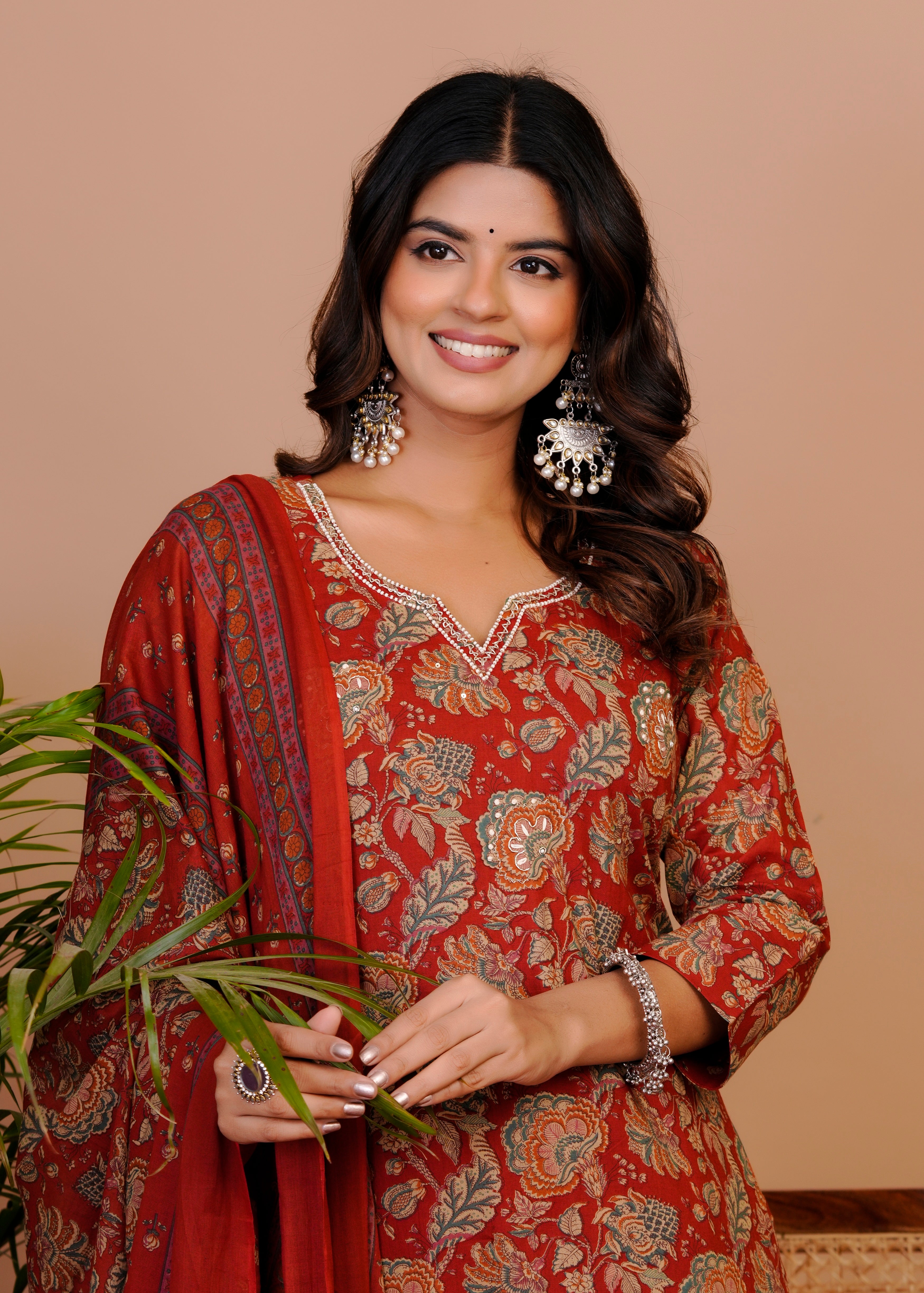 Women Premium  Cottan Handwork Kurti Pant with Dupatta Set