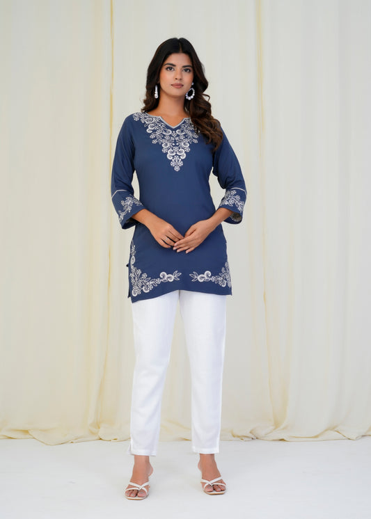 Women Premium Navy Blue Embroidery Gazzi Silk Tunic Short Top