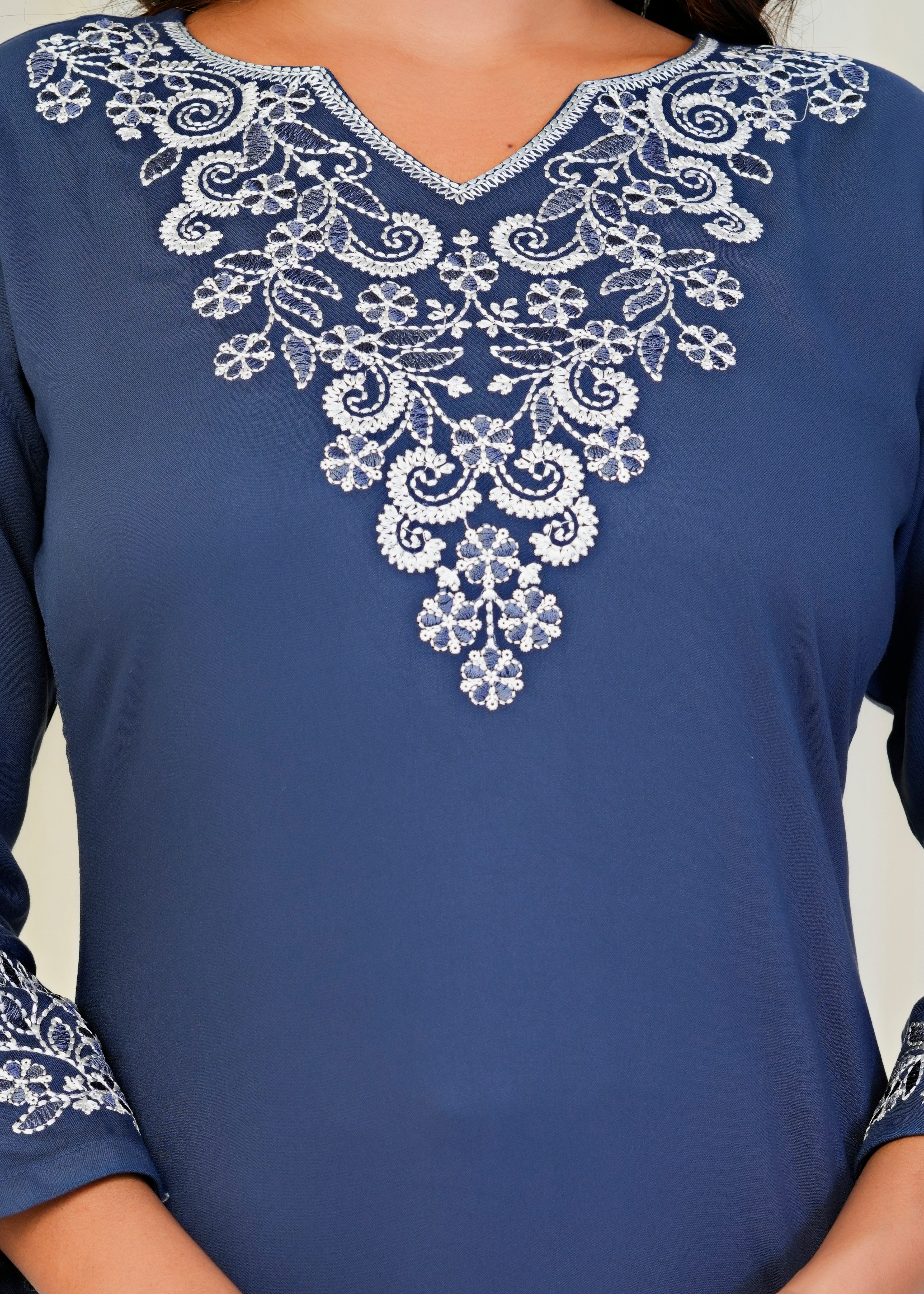 Women Premium Navy Blue Embroidery Gazzi Silk Tunic Short Top