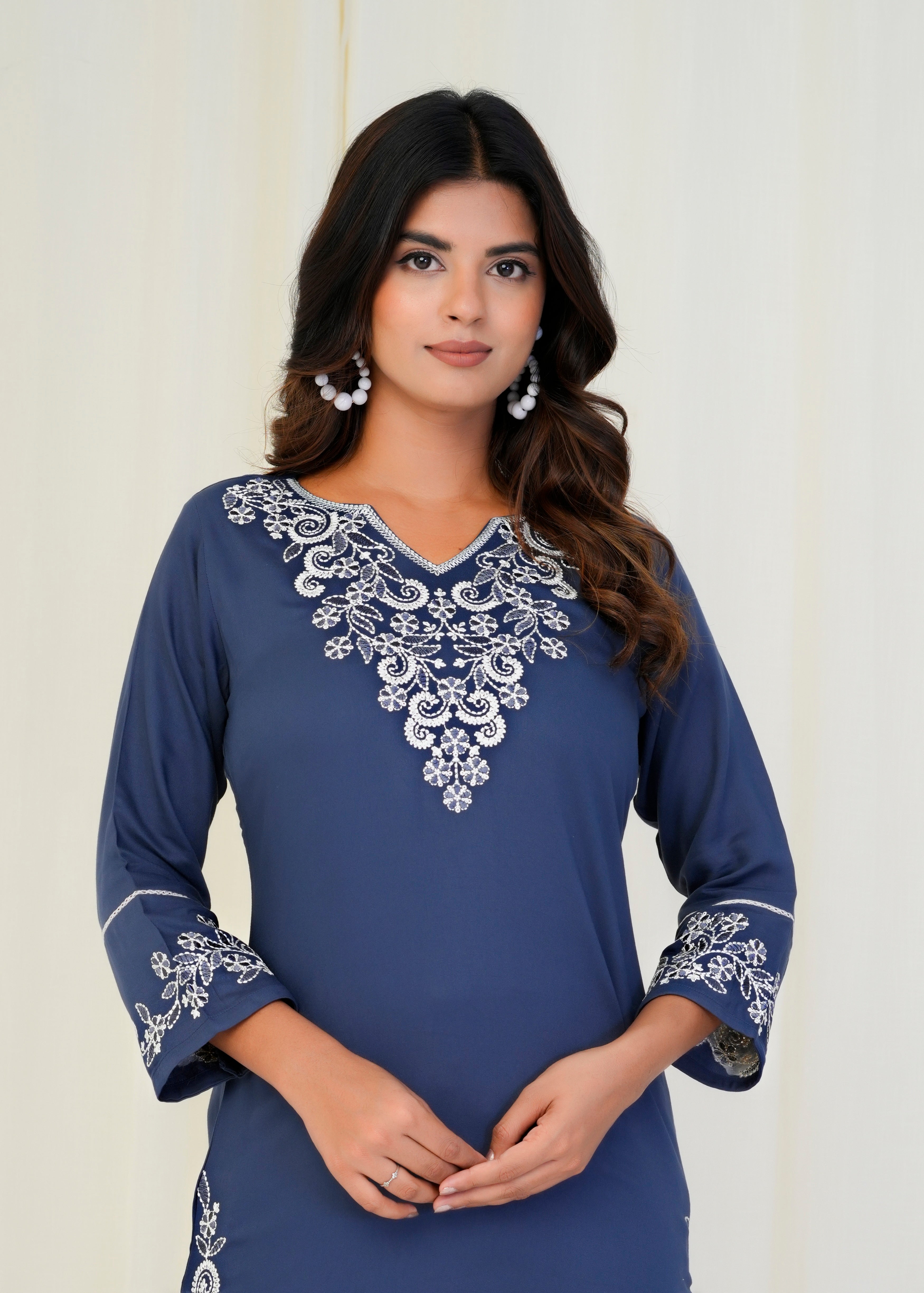 Women Premium Navy Blue Embroidery Gazzi Silk Tunic Short Top