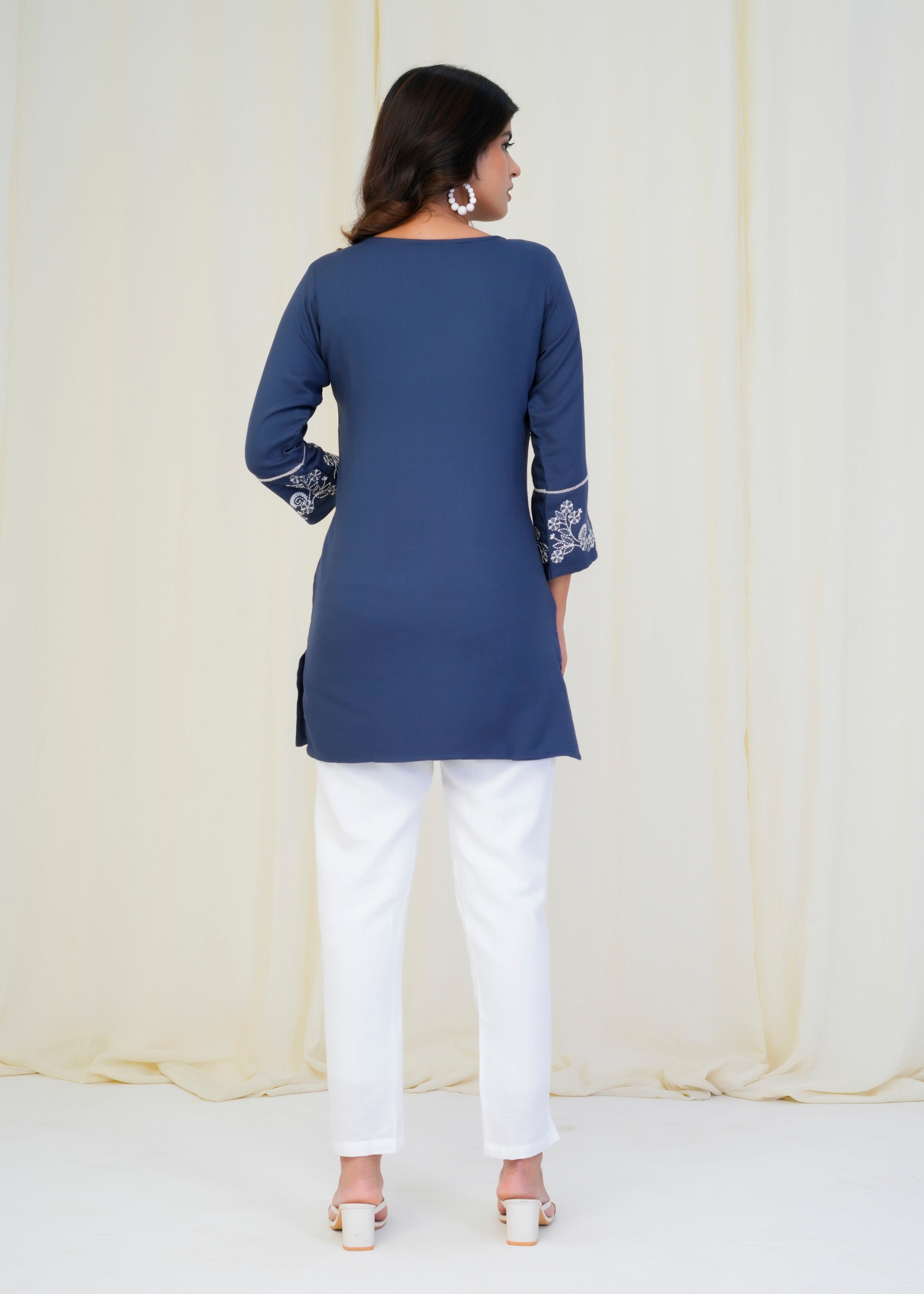 Women Premium Navy Blue Embroidery Gazzi Silk Tunic Short Top