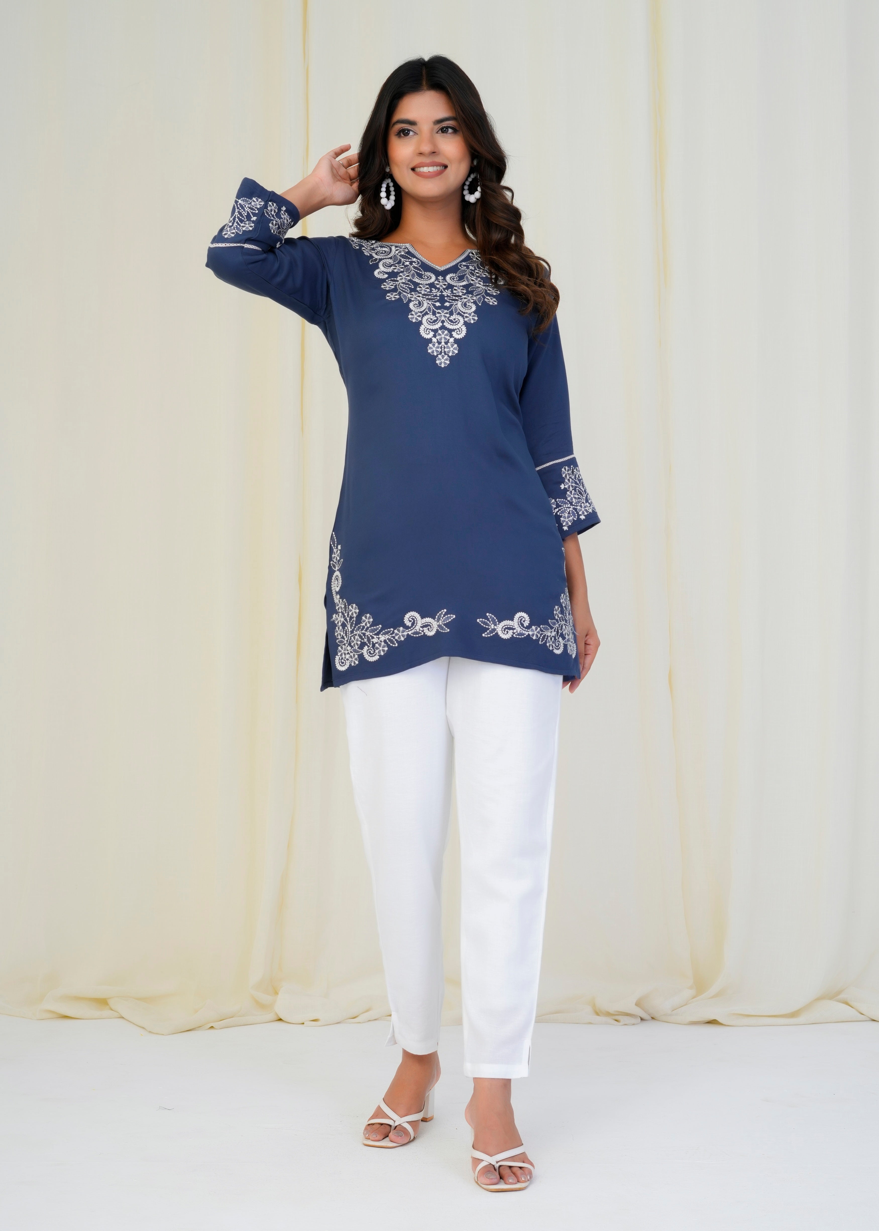 Women Premium Navy Blue Embroidery Gazzi Silk Tunic Short Top