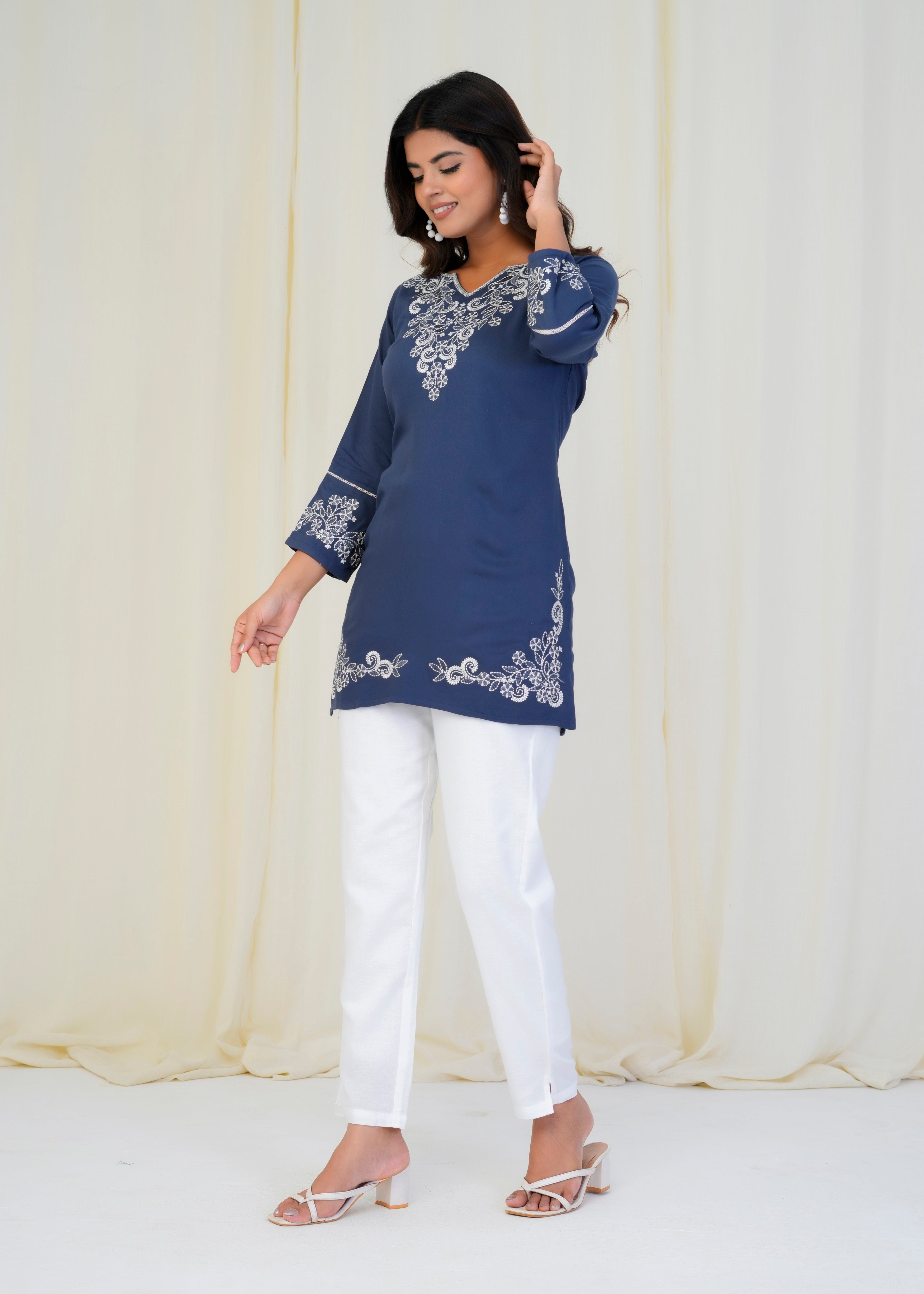 Women Premium Navy Blue Embroidery Gazzi Silk Tunic Short Top