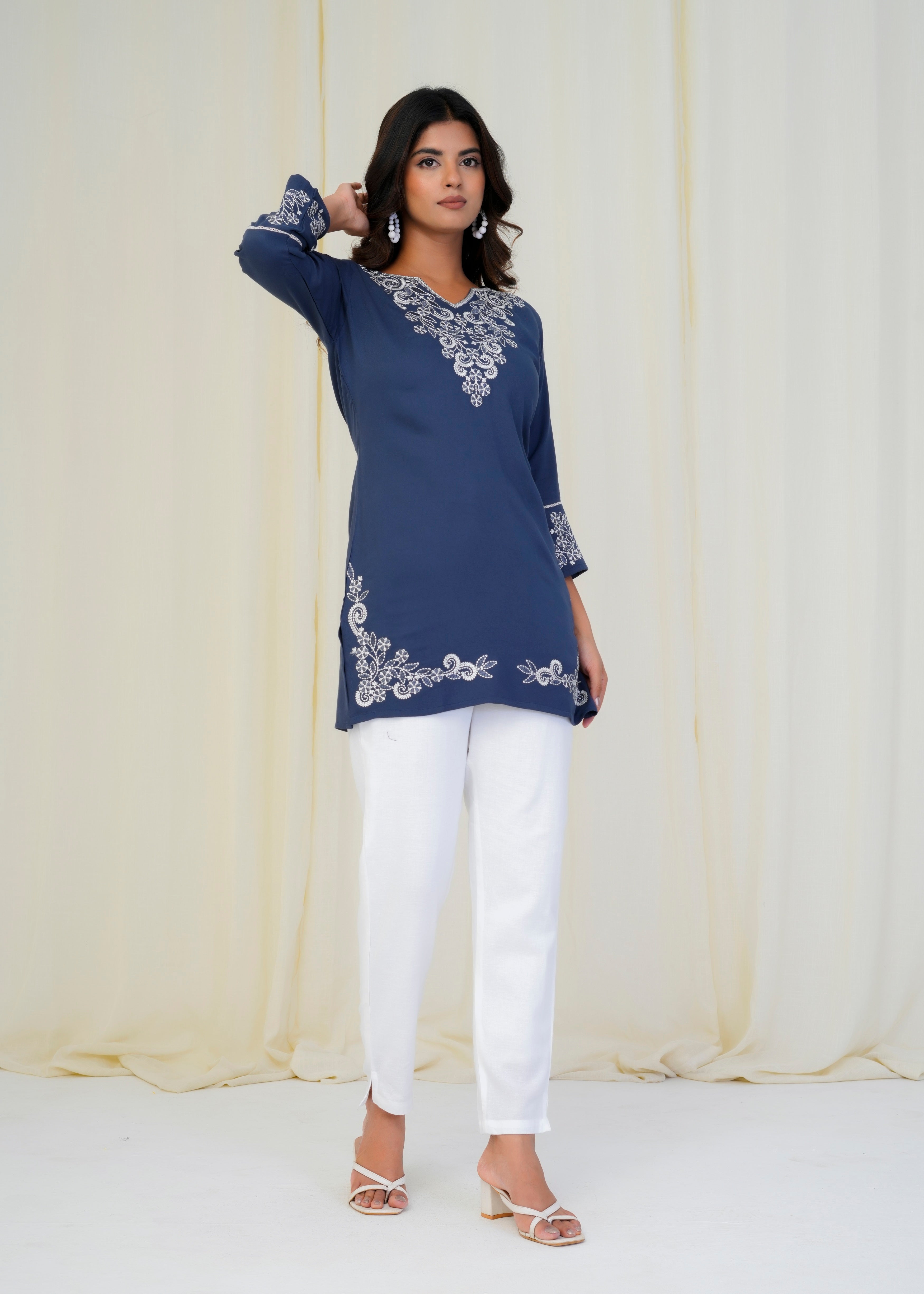 Women Premium Navy Blue Embroidery Gazzi Silk Tunic Short Top