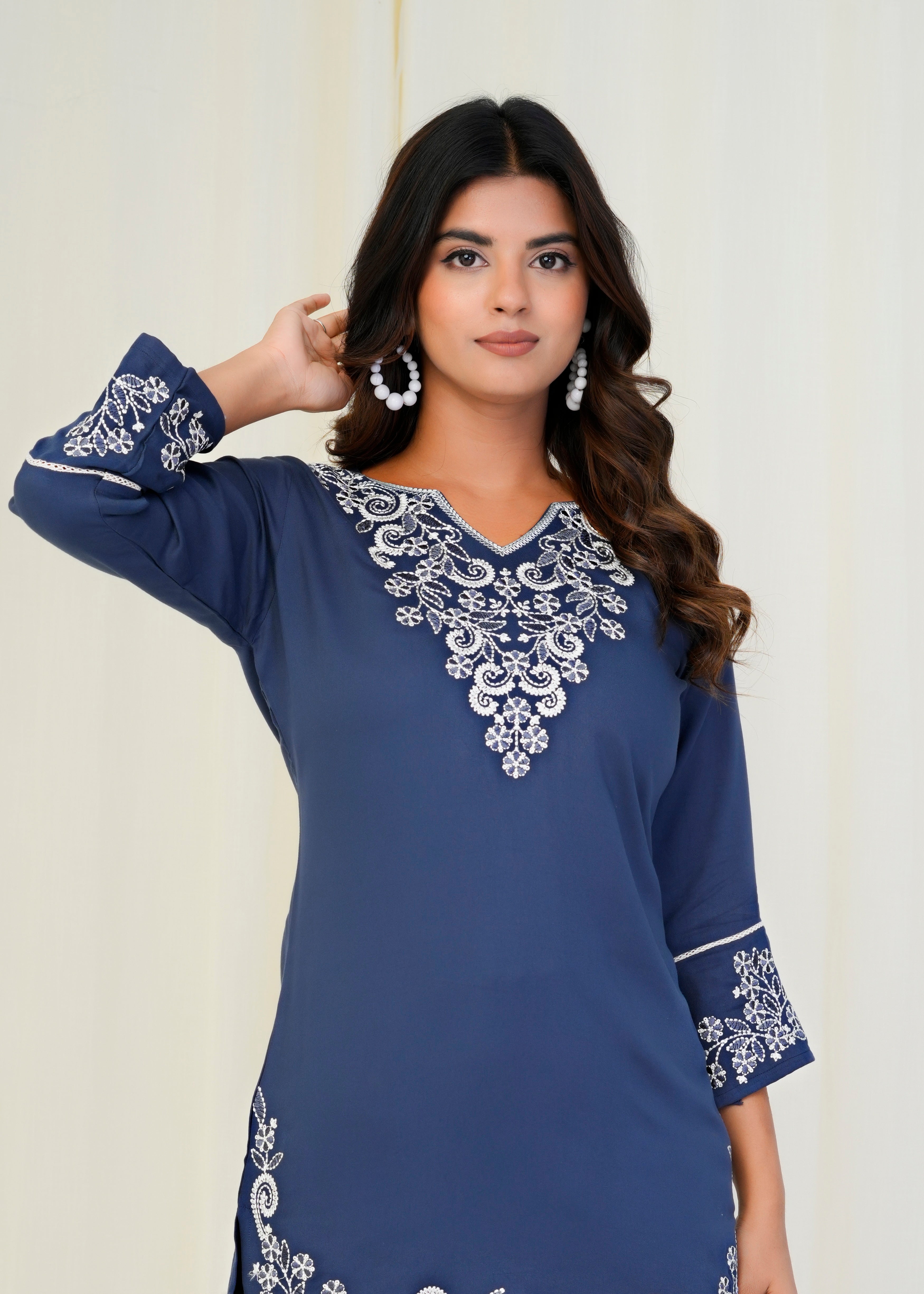 Women Premium Navy Blue Embroidery Gazzi Silk Tunic Short Top