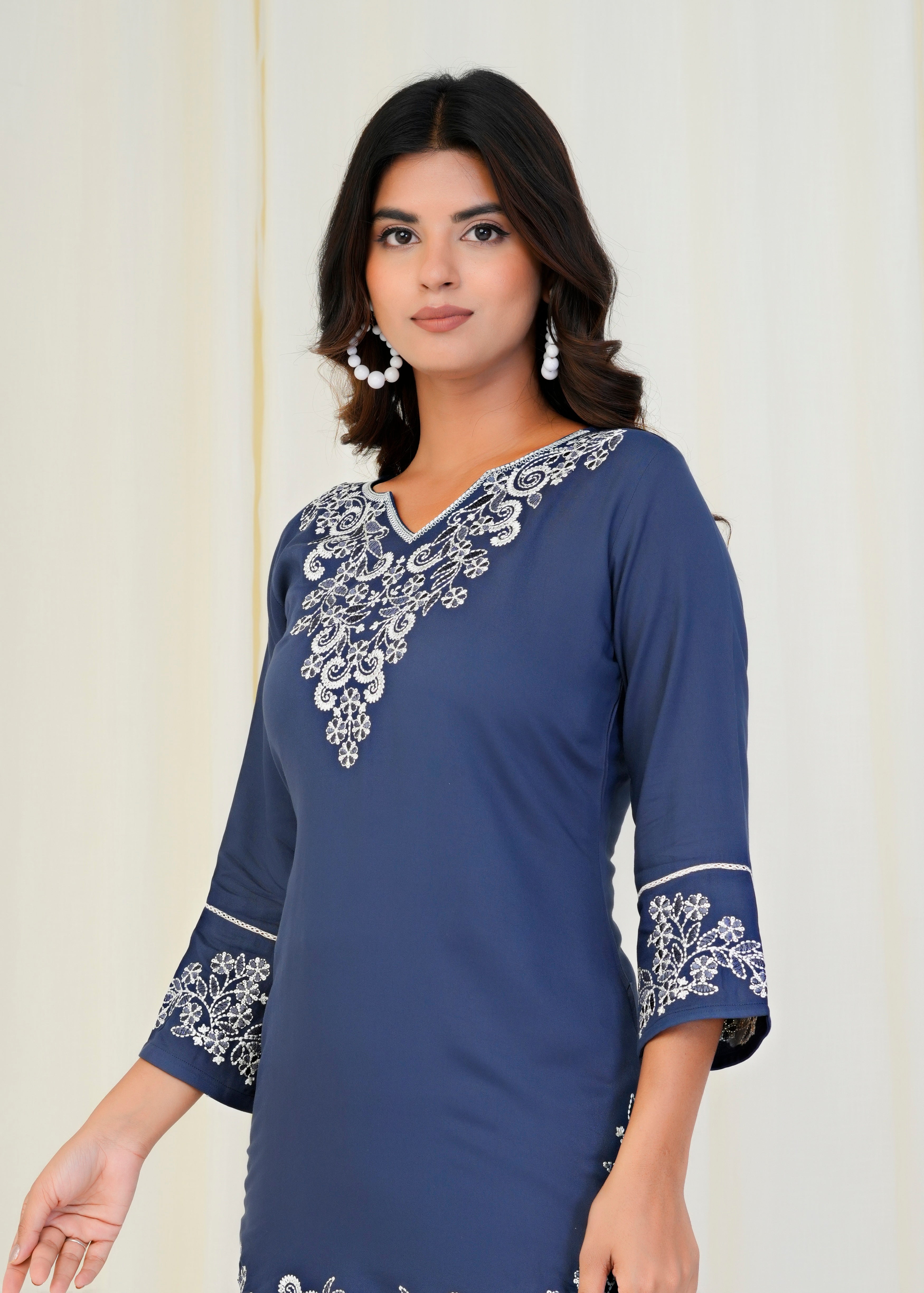 Women Premium Navy Blue Embroidery Gazzi Silk Tunic Short Top